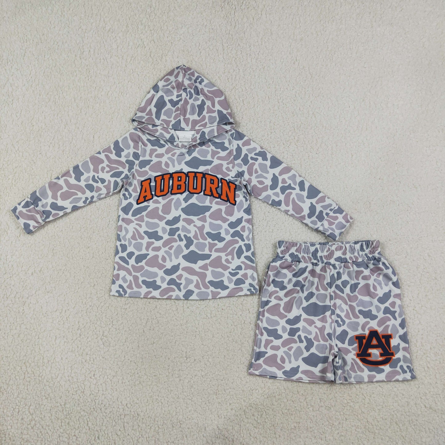 NEW RTS NO MOQ milk silk BLS0041 Baby Boys Light Grey Camo Auburn Long Sleeve Hoodie Pockets Short Team Clothes Set