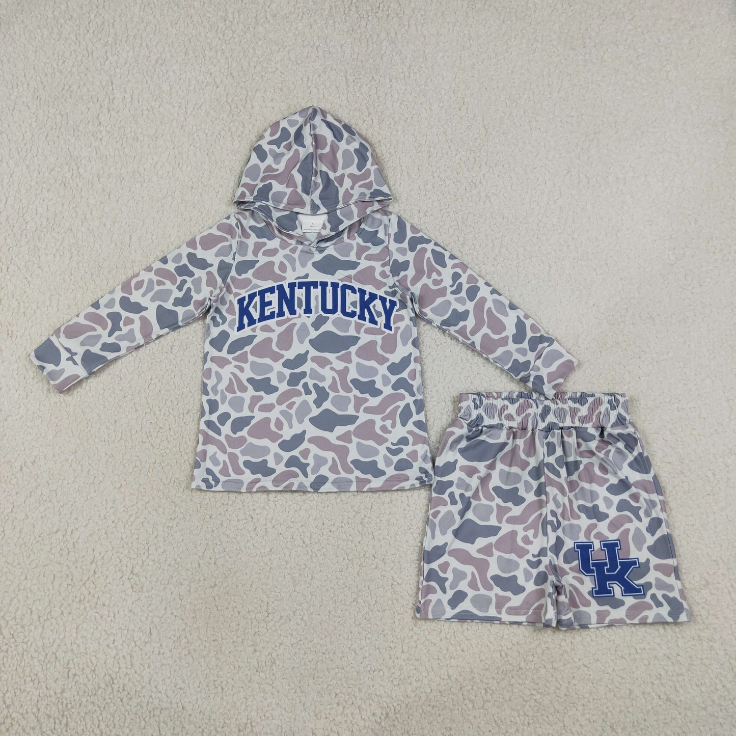 NEW RTS NO MOQ milk silk BLS0043 Baby Boys Light Grey Camo Kentucky Long Sleeve Hoodie Pockets Short Team Clothes Set
