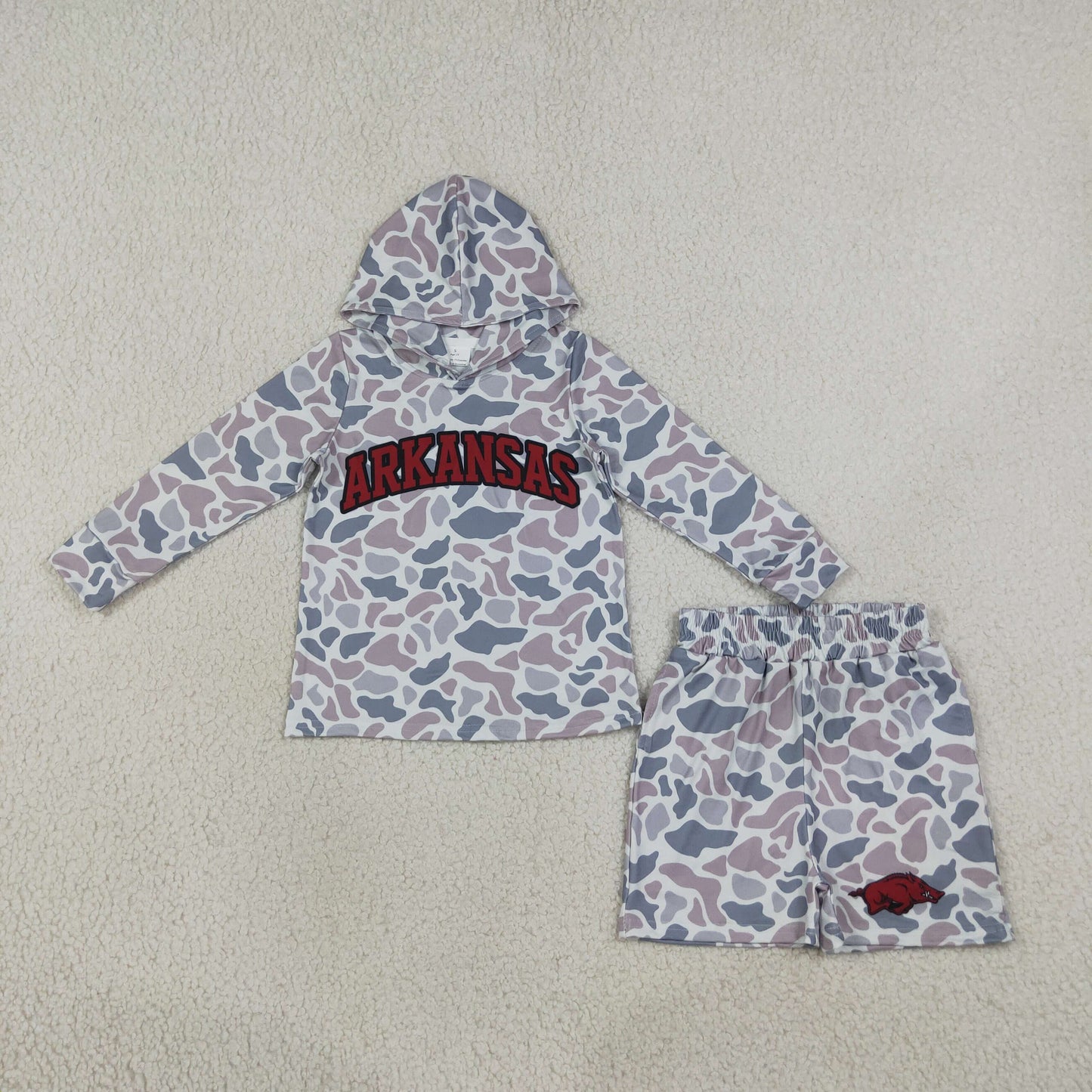 NEW RTS NO MOQ milk silk BLS0046 Baby Boys Light Grey Camo Arkansas Long Sleeve Hoodie Pockets Short Team Clothes Set