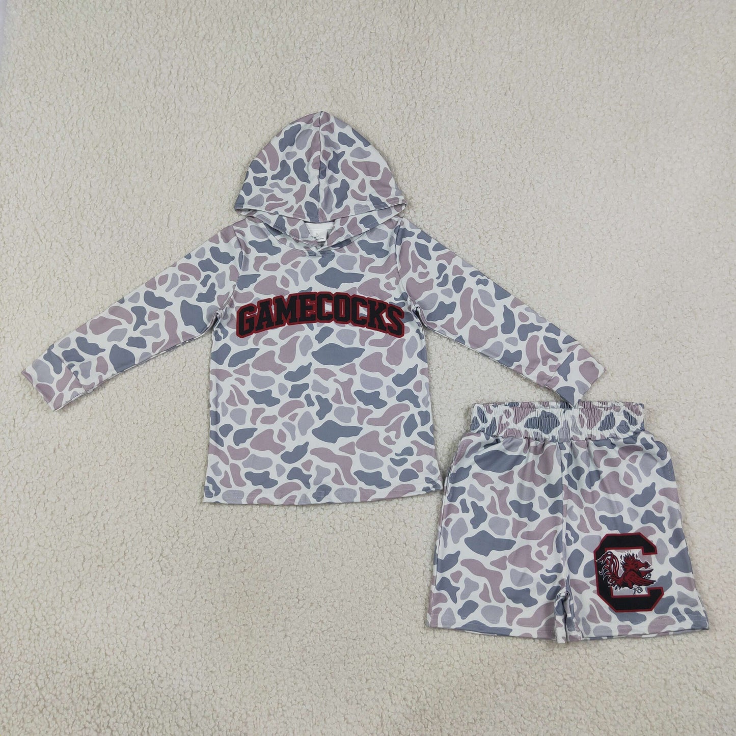 NEW RTS NO MOQ milk silk BLS0048 Baby Boys Light Grey Camo Gamecocks Long Sleeve Hoodie Pockets Short Team Clothes Set
