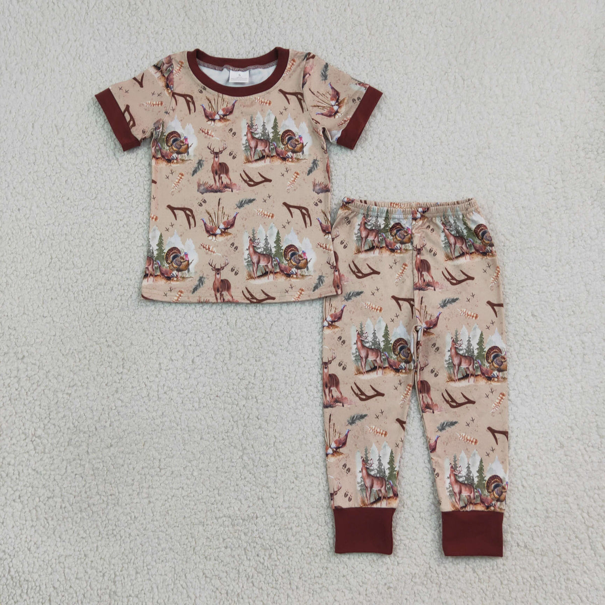 RTS NO MOQ Sibling milk silk Baby Infant Boys Fall Deers Hunting Turkey Bamboo Zip Rompers Set
