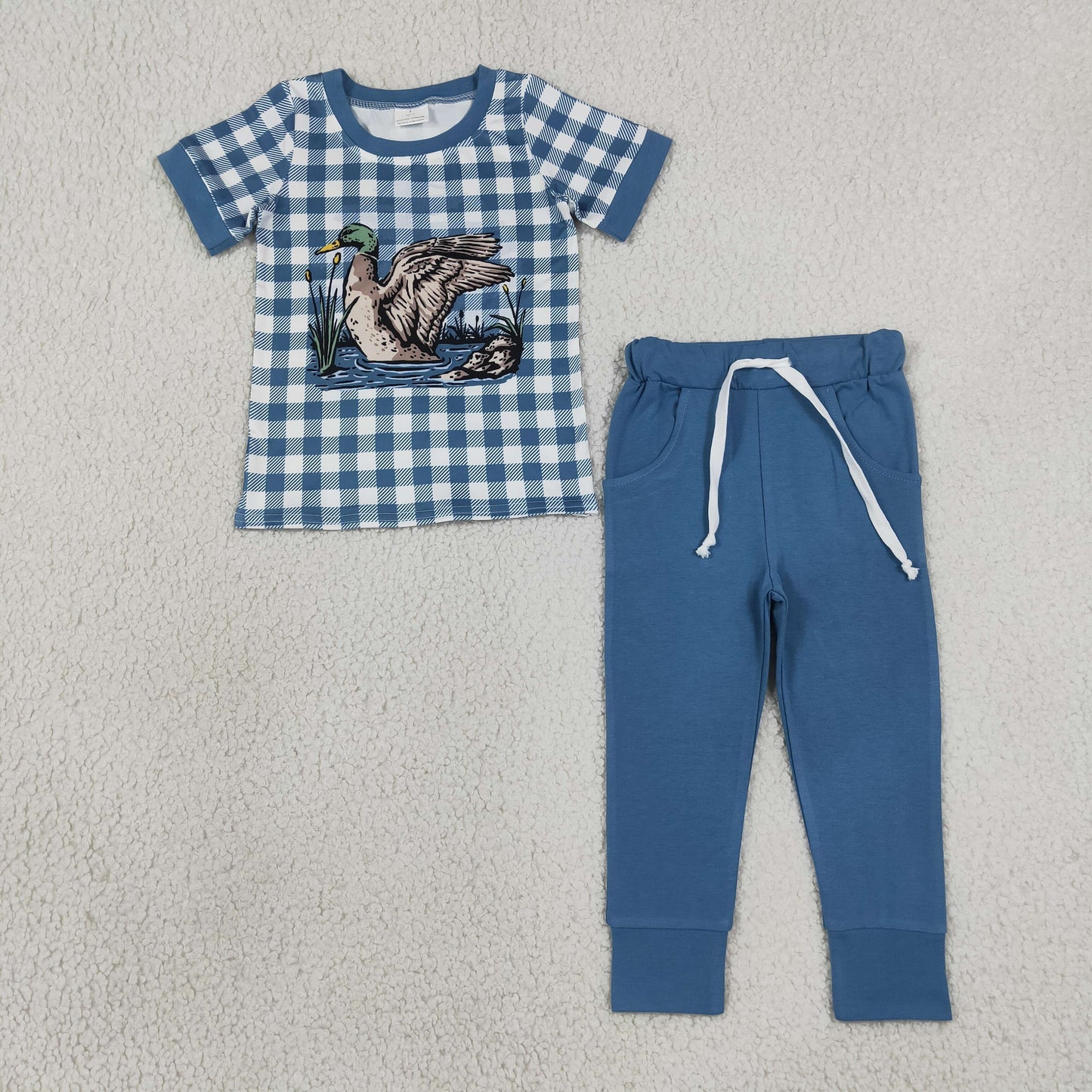NEW RTS NO MOQ milk silk BSPO0690 Baby Boys Blue Checked Ducks Top Pockets Jogger Hunting Clothes Sets