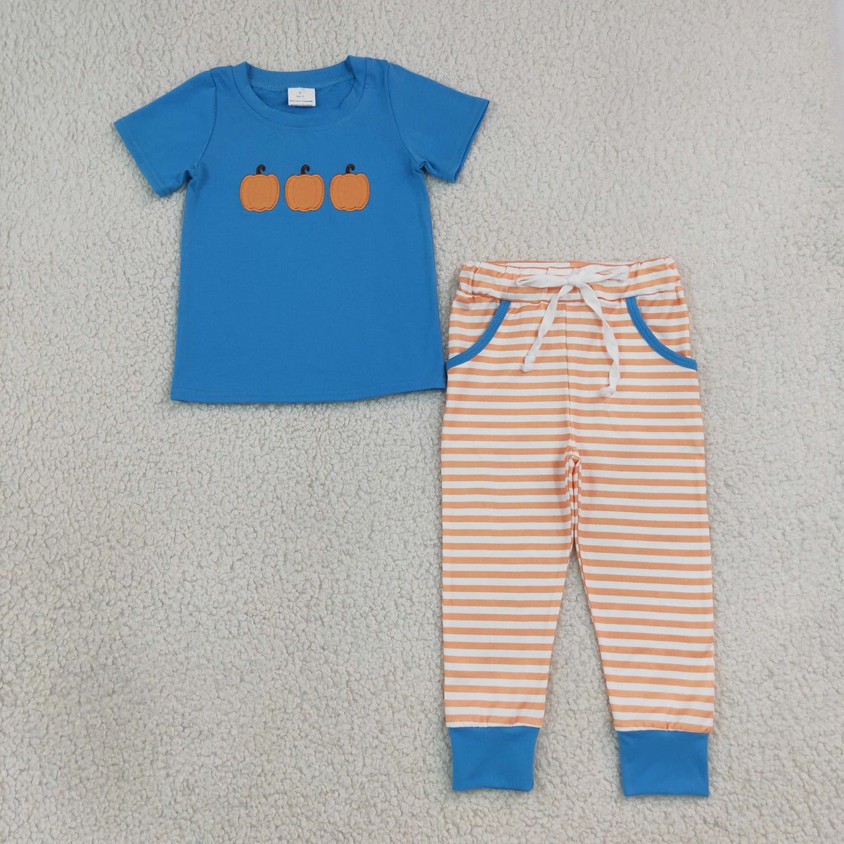 RTS NO MOQ Sibling milk silk Embroidery Baby Boys Girls Short Sleeve Romper Top Pants Ruffle Dress Toddler Fall Clothes Pumpkin Print Stripe Outfit