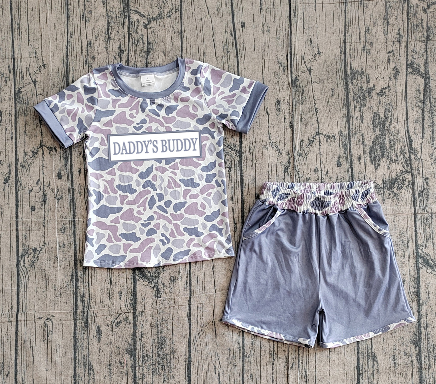 BSSO1838Embroidery Daddy's Buddy Light Grey Camo Top Pockets Shorts Clothes Sets Preorder