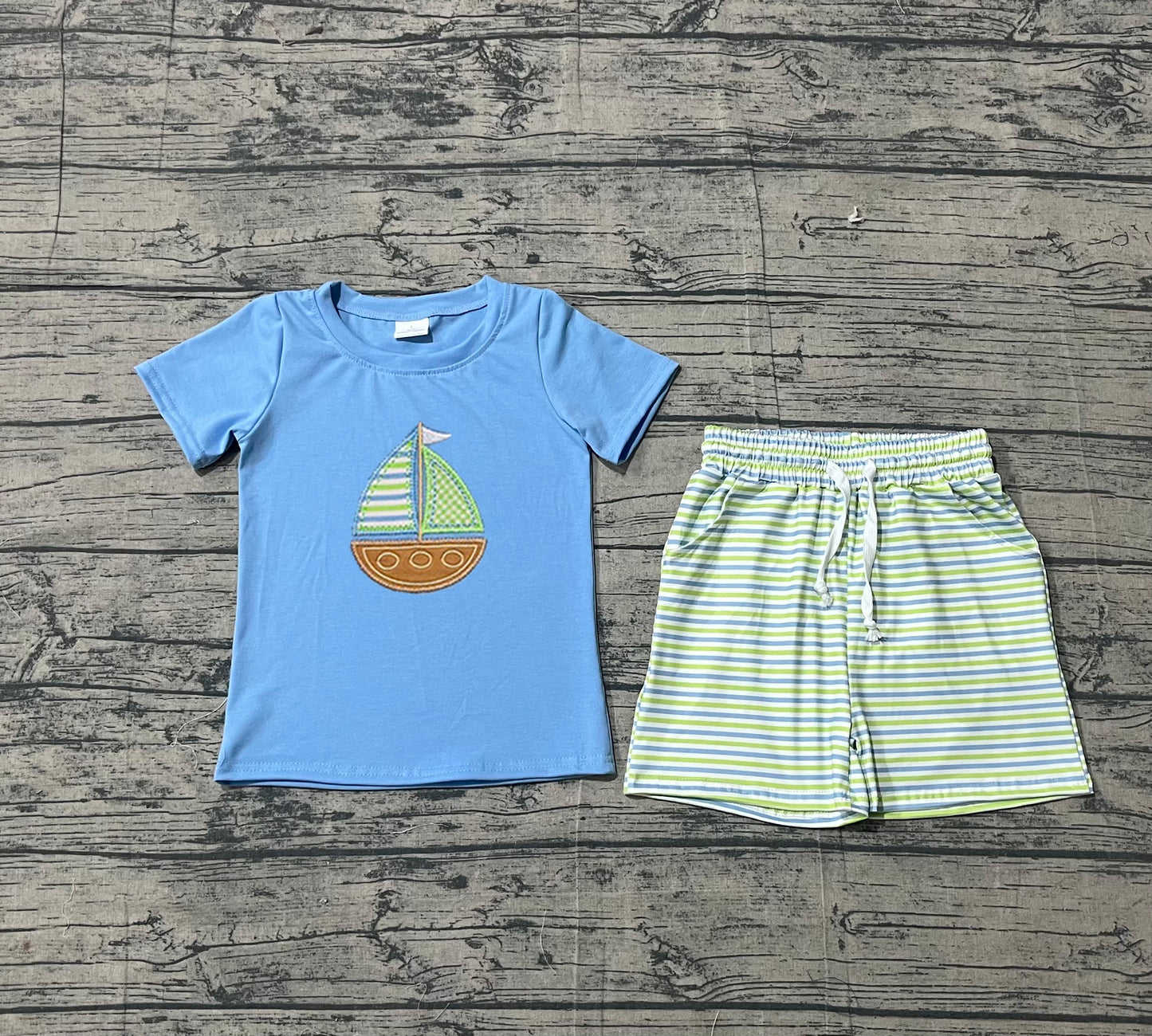 BSSO1860Embroidery Boats Baby Boys Blue Shirts Top Stripe Pockets Shorts Clothes Sets Preorder