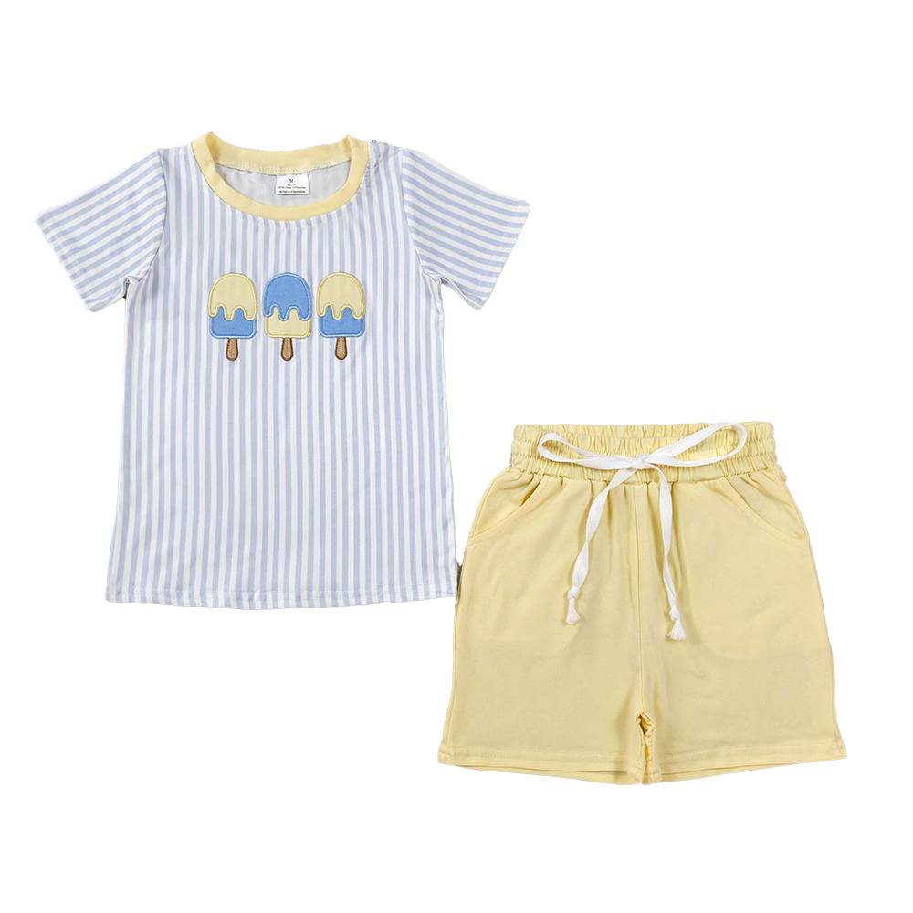 Embroidery Popsicle Baby Boys Blue Stripe Top Pockets Short Clothes Sets