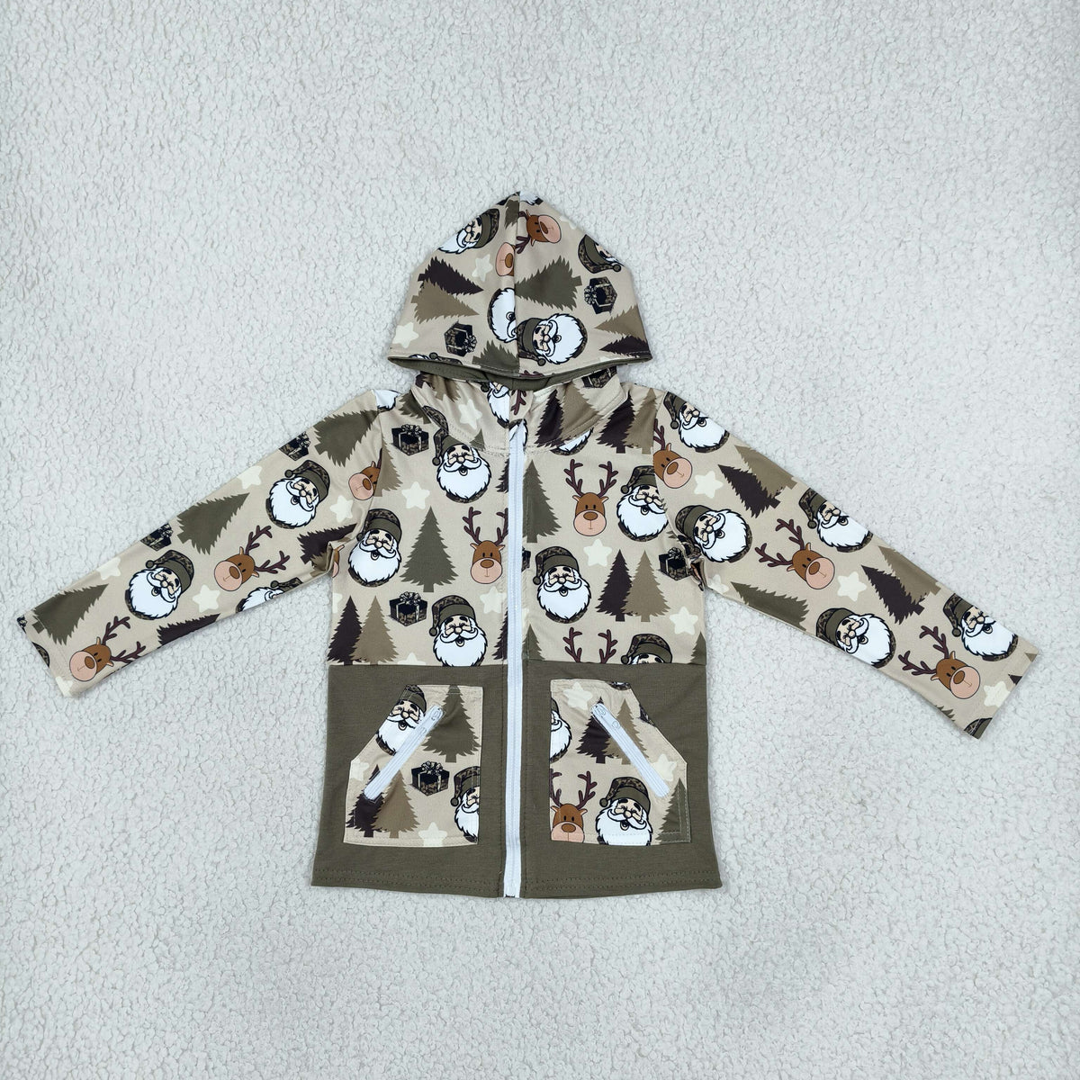 NEW RTS NO MOQ milk silk BT1328 Baby Boys Christmas Santa Deer Gifts Pocket Zip Hoodies Top