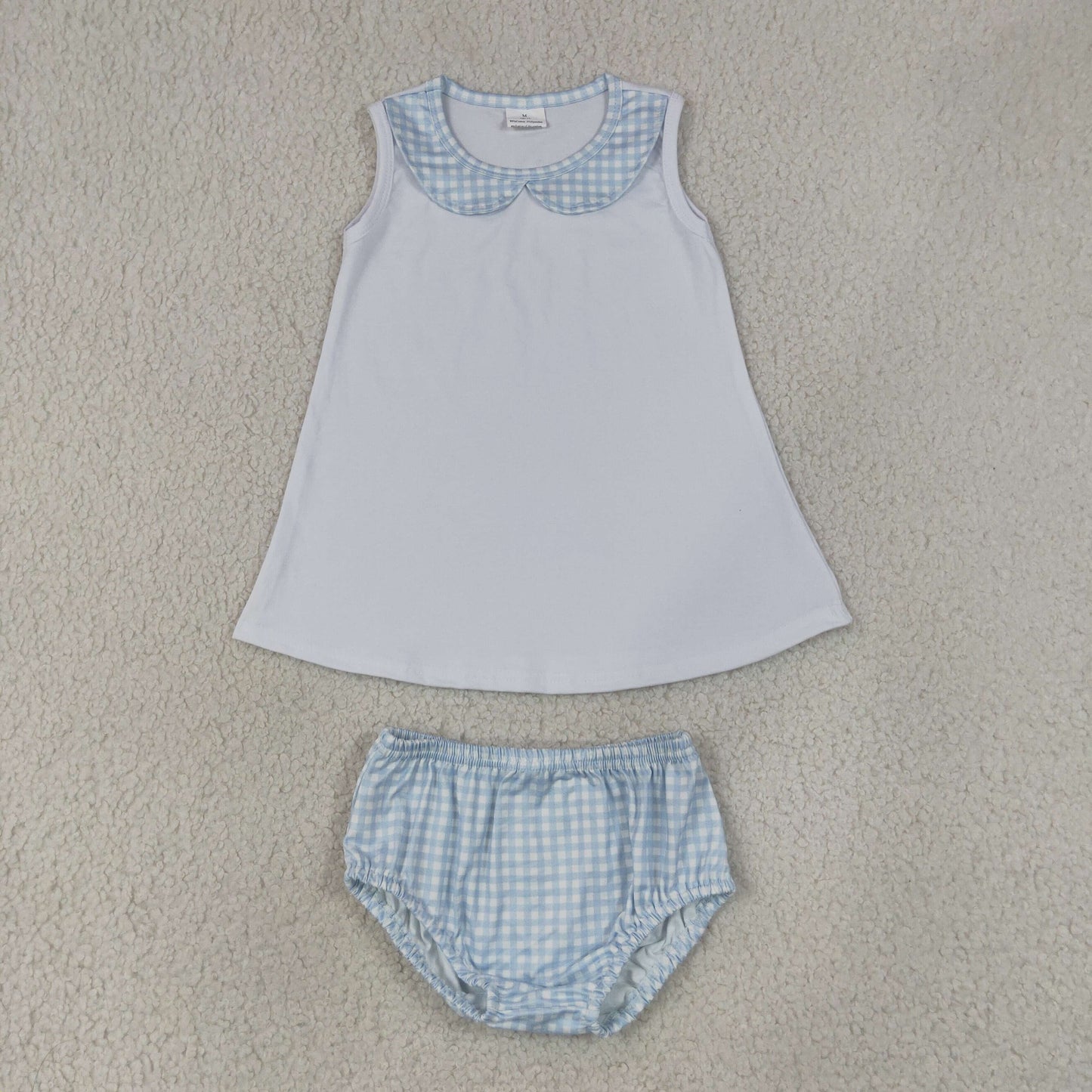 NEW RTS NO MOQ milk silk(BT1847+SS0964) Baby Light Blue Plaid Sleeveless Tunic Bummies Outfit
