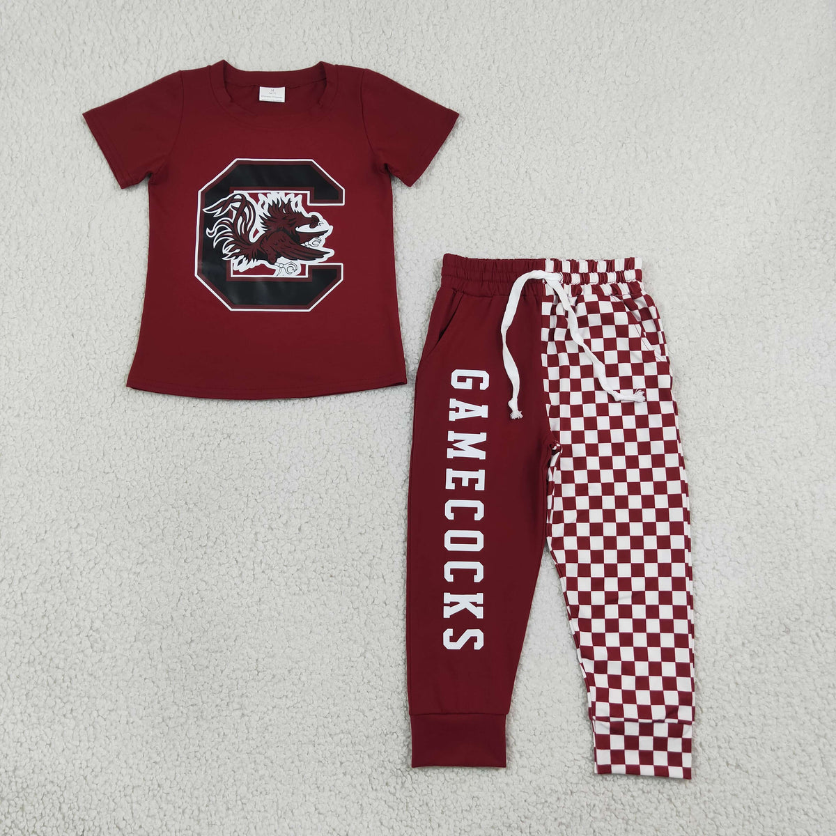 NEW RTS No moq Vinyl (BT1887+P1064) Baby Boys Red Short Sleeve Vinyl Team T-shirts Jogger Pants set