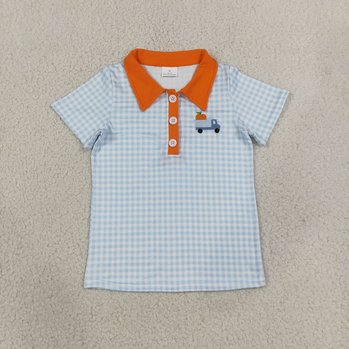 NEW RTS NO MOQ milk silk BT1890 Embroidery Pumpkin Baby Boys Blue Checked Truck Fall Button Polo Shirts Top