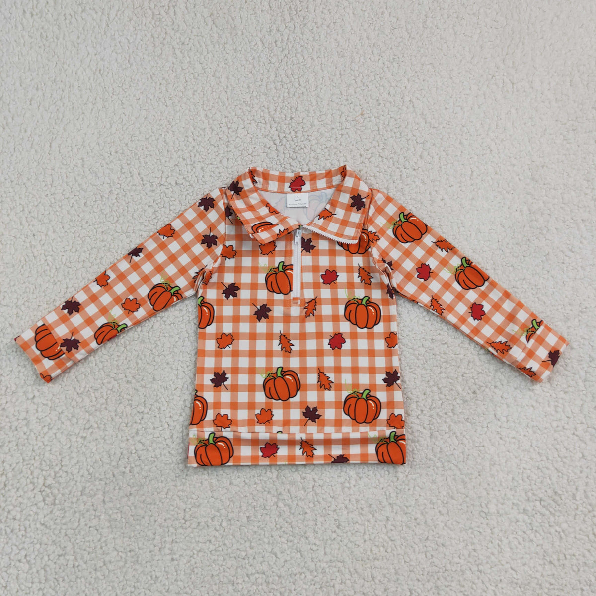 NEW RTS NO MOQ milk silk BT1895 Baby Boys Long Sleeve Leaves Pumpkins Checked Fall Zip Pullovers Top