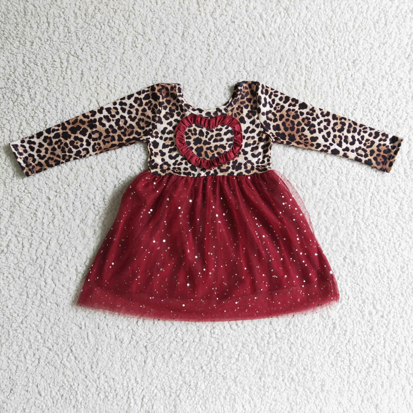 GLD0139 Girls' heart leopard print long-sleeved red mesh dress