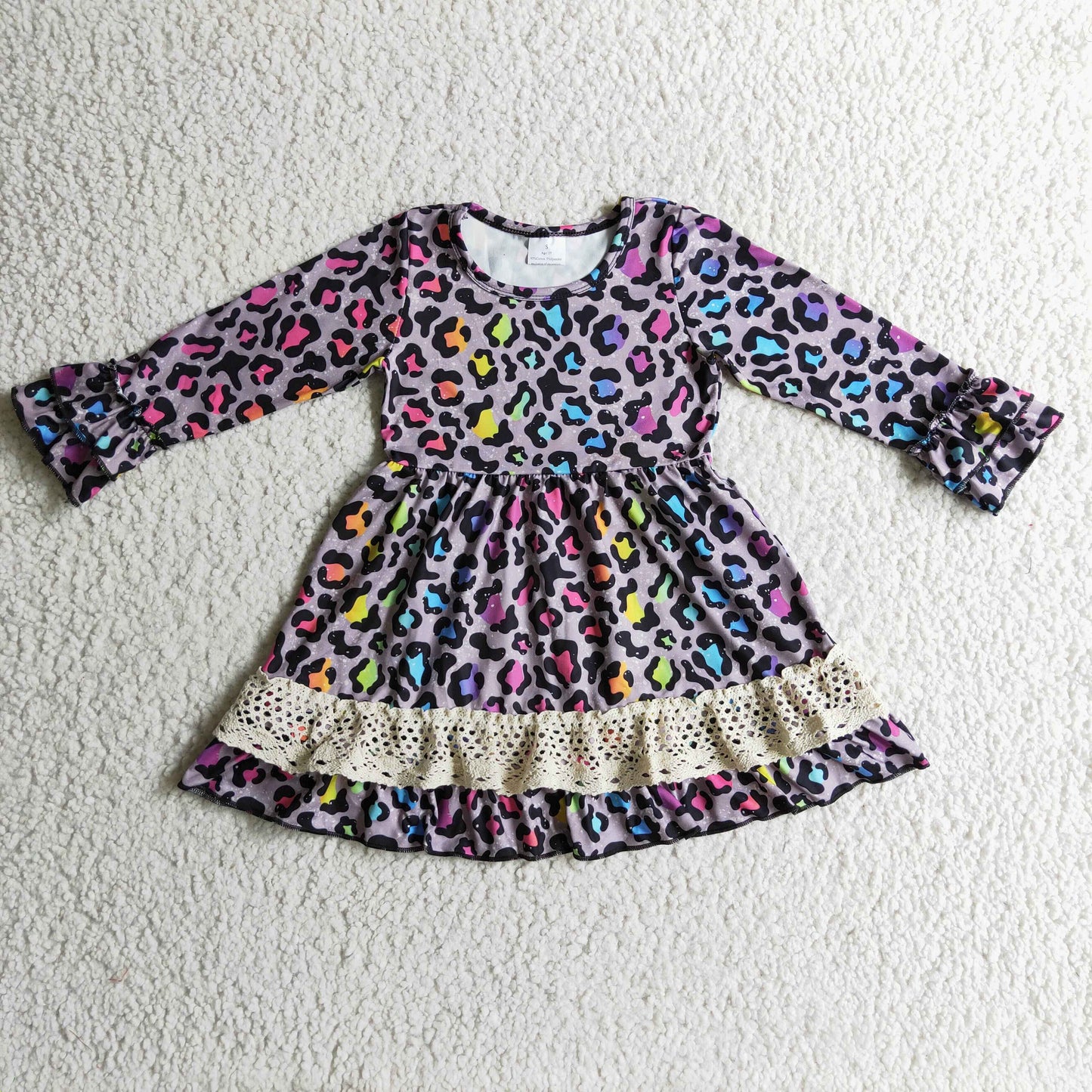 0148 Girls colorful leopard lace long-sleeved dress