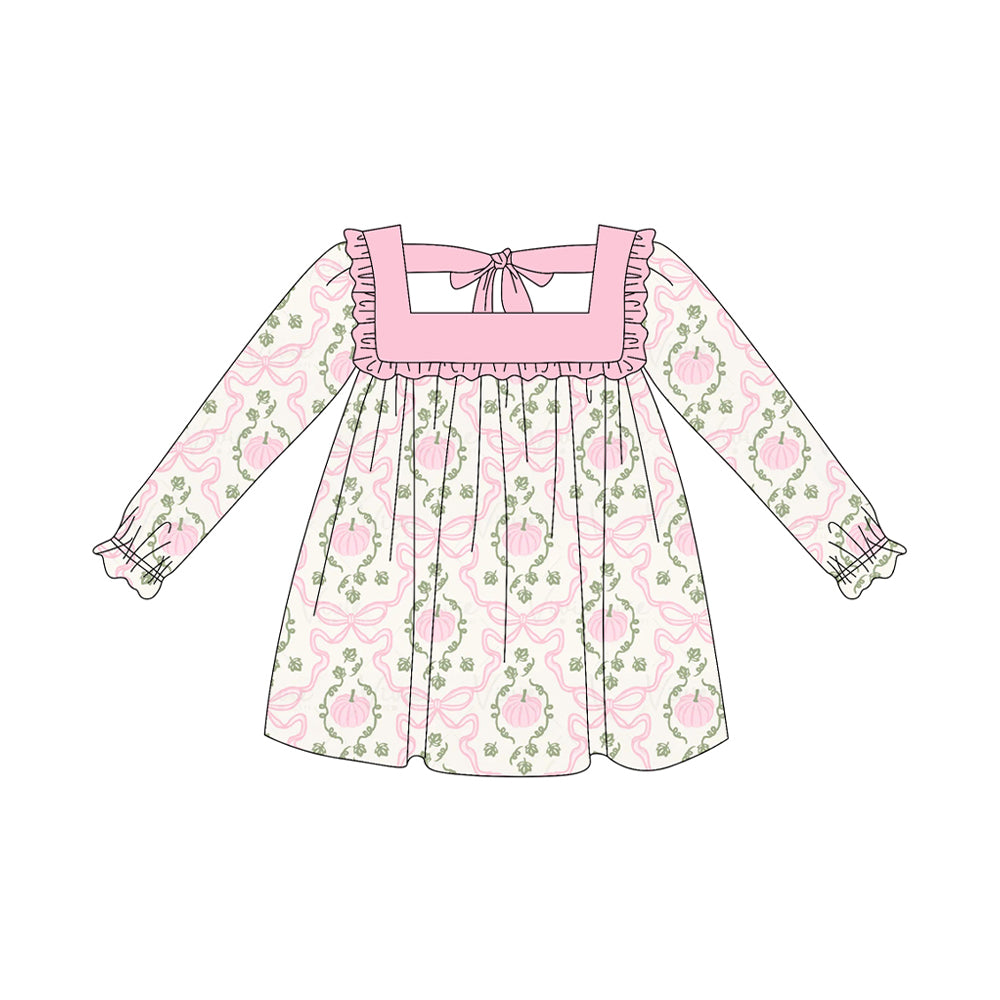 5.27GLD1083 Pink Pumpkin Bow Long Sleeve Dress