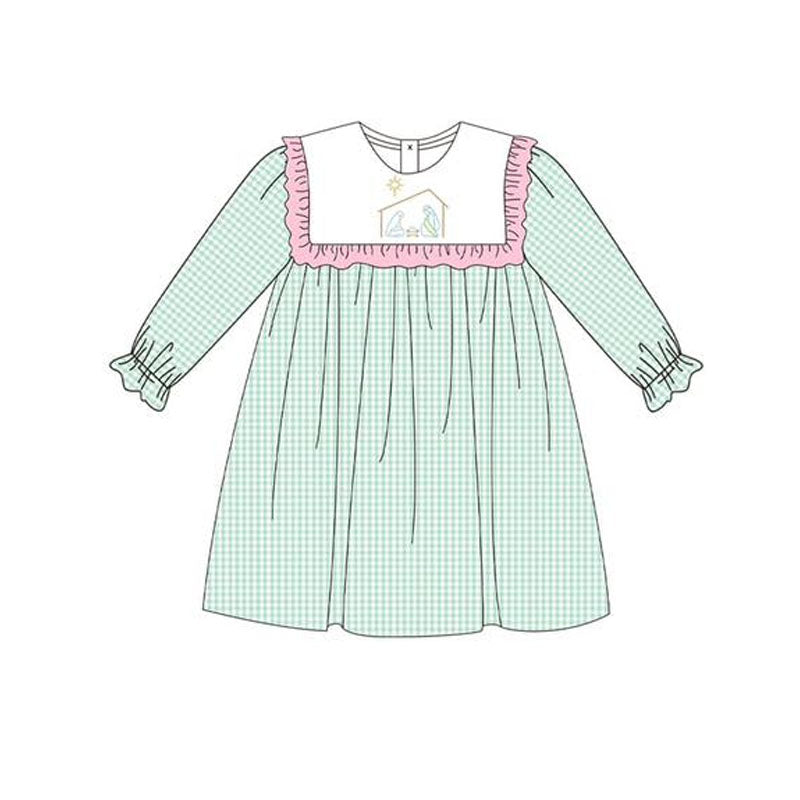 5.28GLD1088 Girls long-sleeved plaid green dress