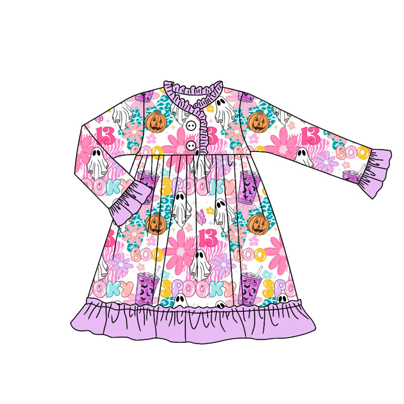 7.5GLD1181 Halloween letter purple long-sleeved dress