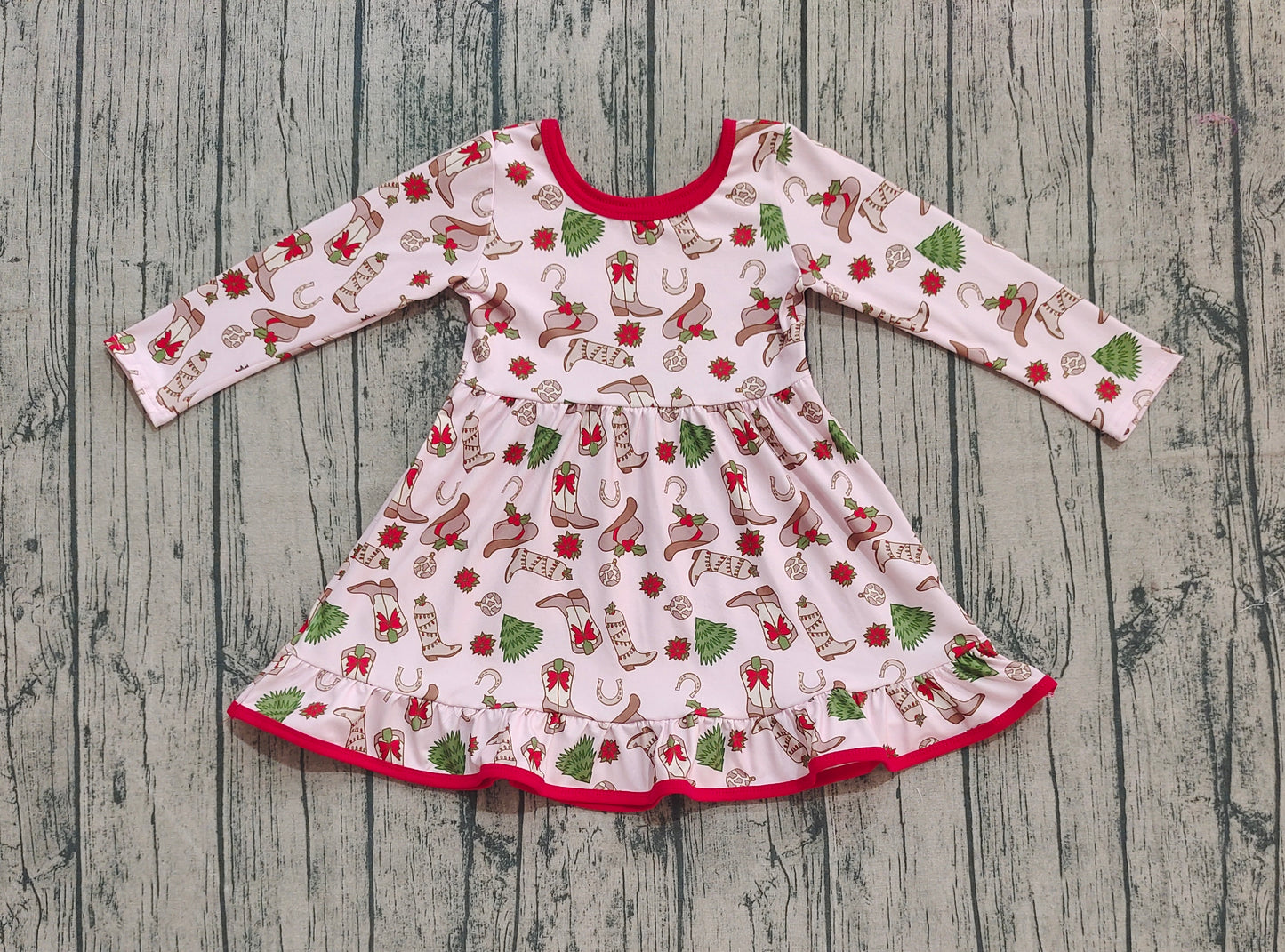 X902 GLD1274 Boots Christmas Tree Long Sleeve Dress