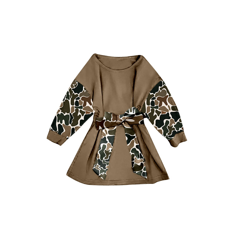 X10.15 GLD12304 Brown Camouflage Bow Long-Sleeved Dress