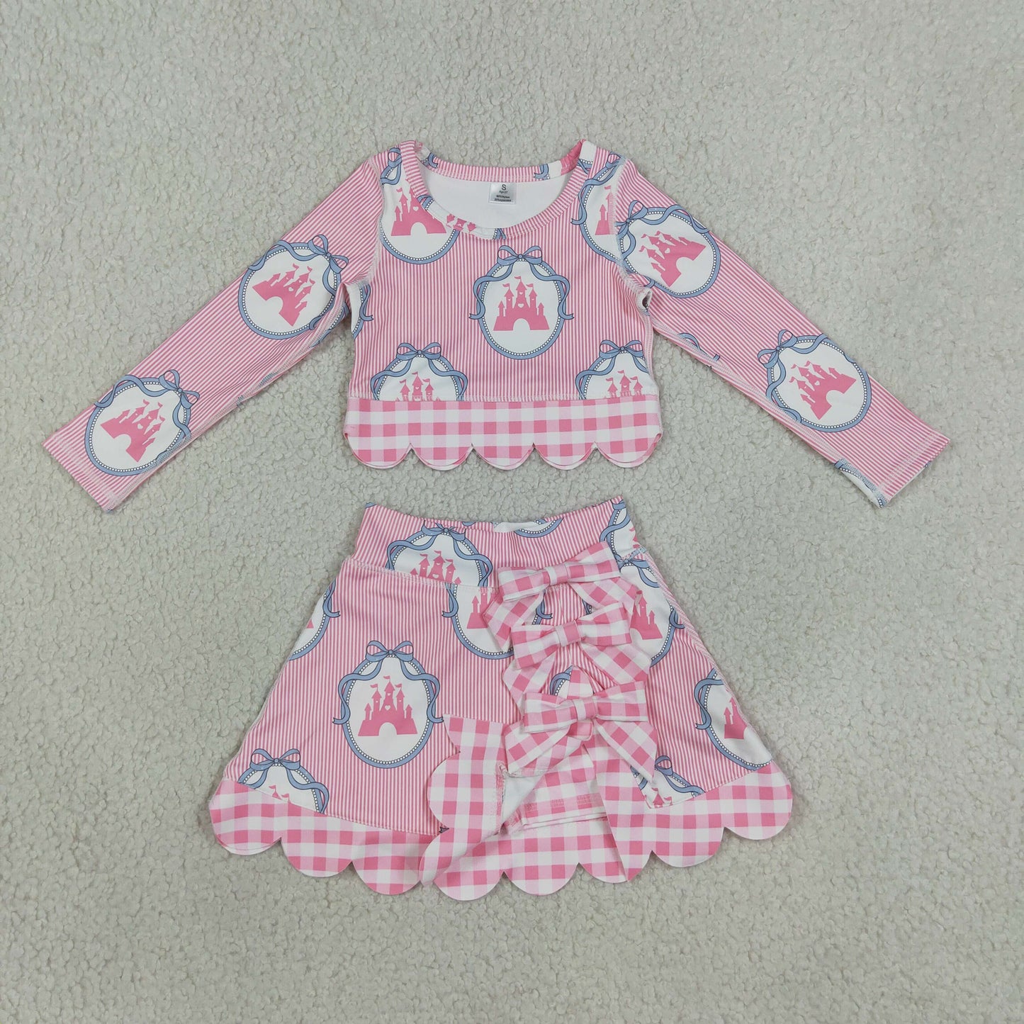 NEW RTS NO MOQ yoga fabric GLD1601 Baby Girls Pink Stripe Scallop Edge Skort Summer Yoga Set