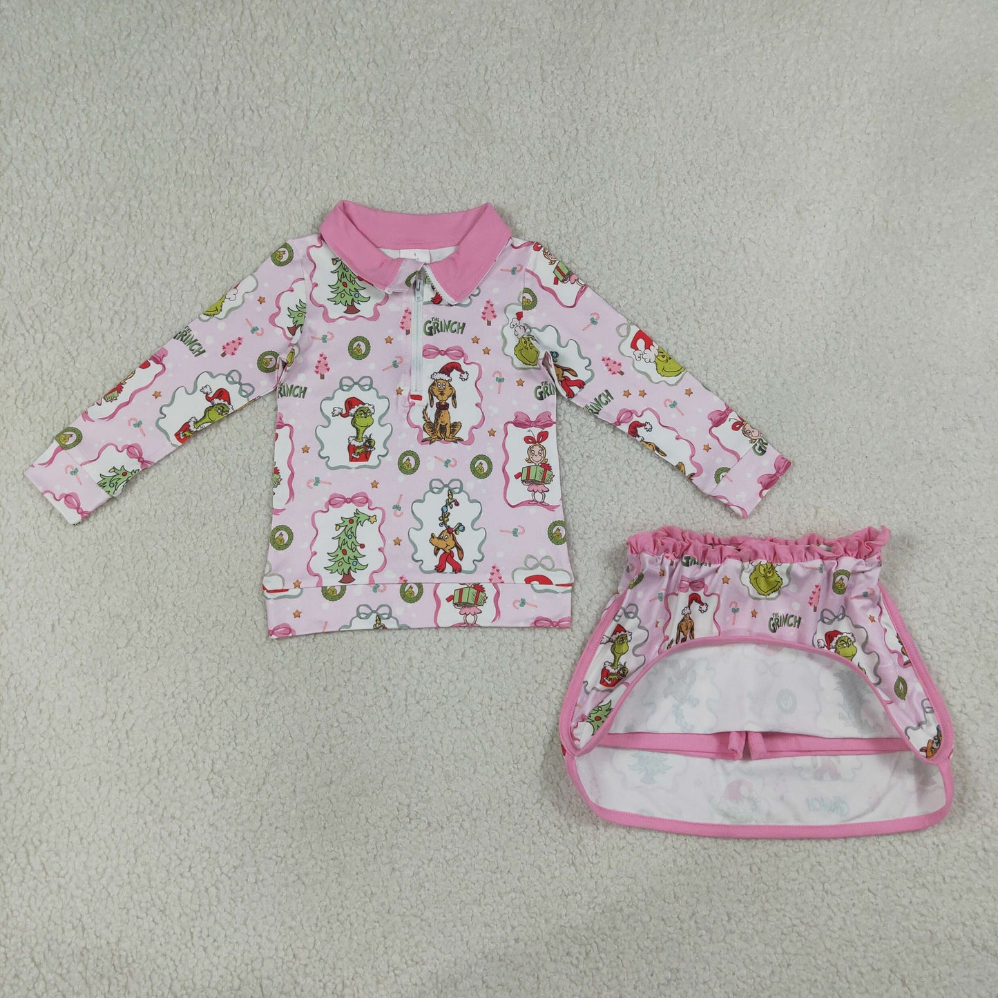 NEW RTS NO MOQ milk silk GLD1609 Baby Girls Christmas Tree Print Front Top Skort Two Piece Christmas Outfit Set
