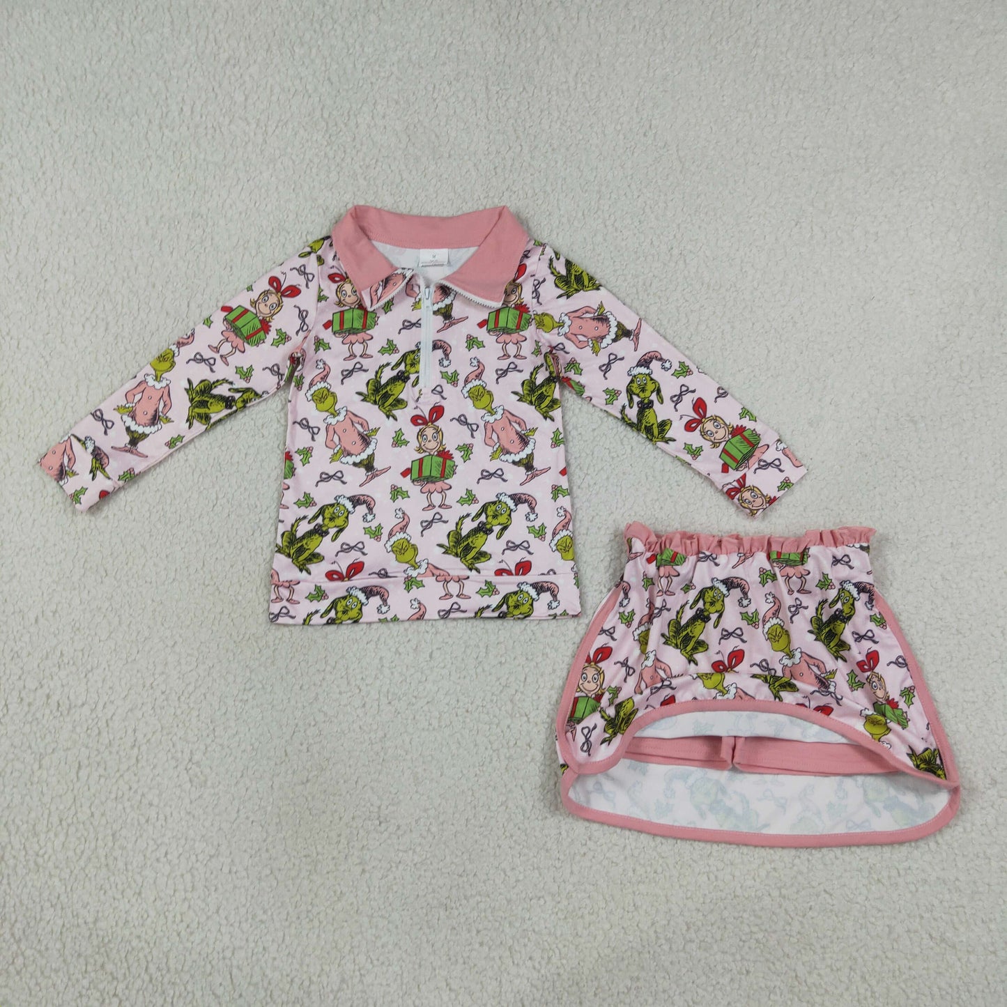 NEW RTS NO MOQ milk silk GLD1610 Cute Clothes Baby Girls Christmas Zip Up Top Short Skirt Clothes Sets