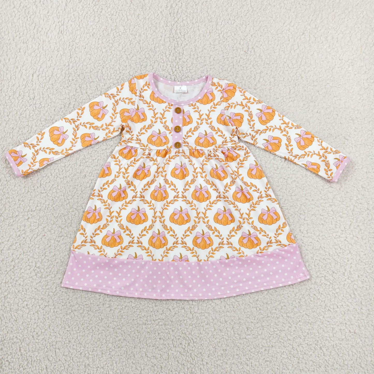 GLD1627 Baby Girls Flowers Pumpkins Checked Button Fall Knee Length Dresses