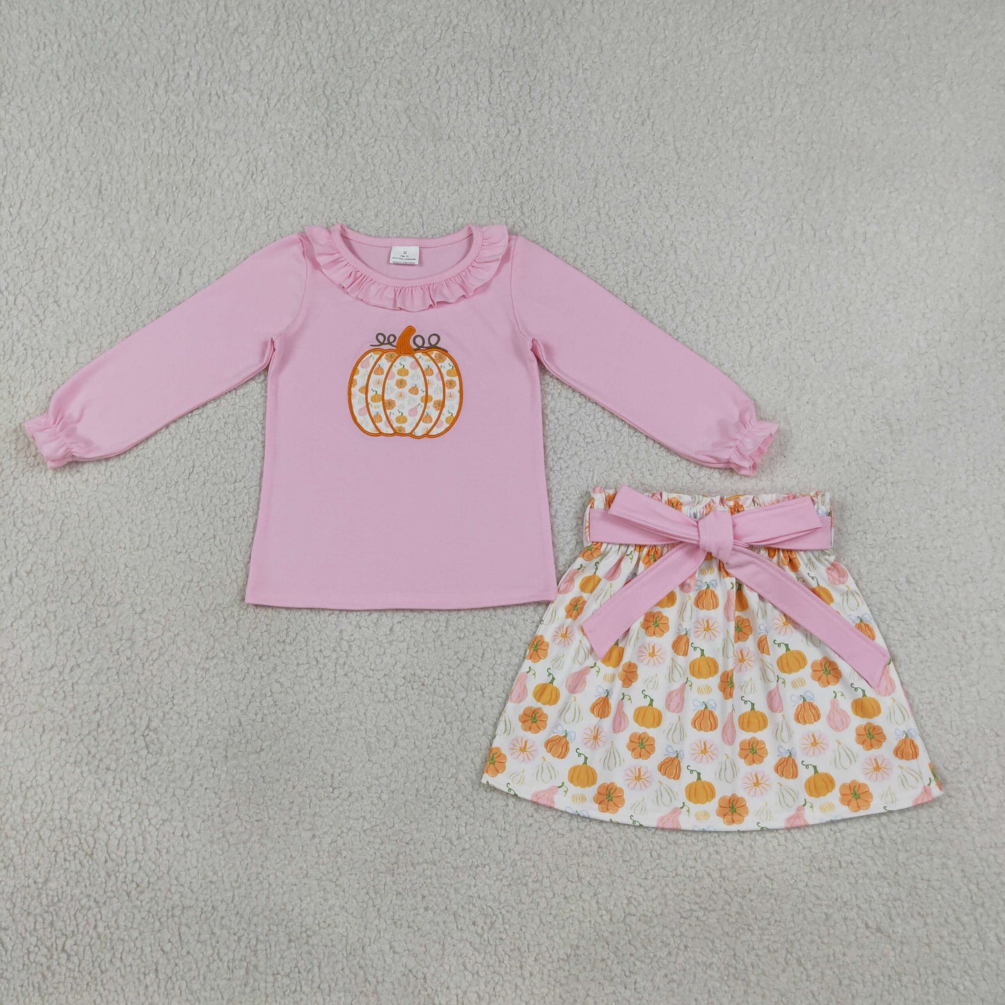 NEW RTS NO MOQ milk silk GLD1641 Embroidery Baby Girls Fall Pumpkin Long Sleeve Tunic Top Bow Short Skirt Set Fall Outfit