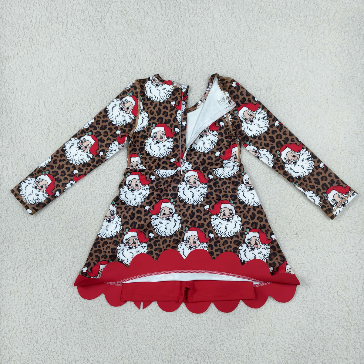 NEW RTS NO MOQ yoga fabric GLD1679 Baby Girls Leopard Santa Short Christmas Bows Scallop Yoga Active Knee Length Dress