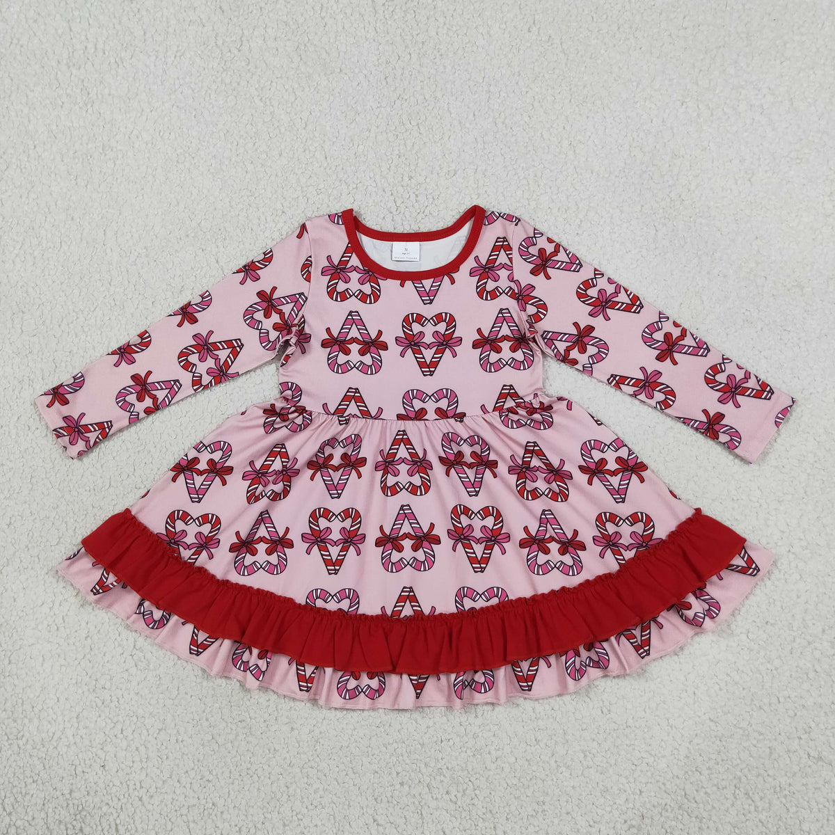 NEW RTS NO MOQ milk silk GLD1695 Baby Girls Bows Candy Cane Christmas Ruffle Knee Length Dress
