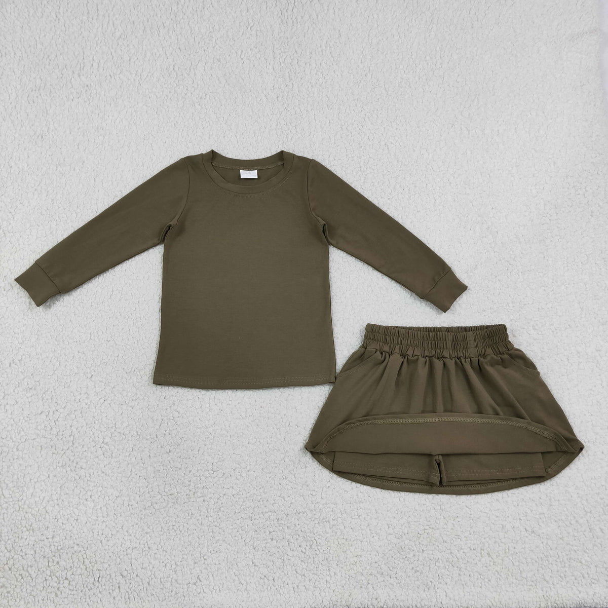 NEW RTS NO MOQ milk silk GLD1698 Baby Girls Olive Long Sleeve Shirt Top Pockets Skirt Short Clothes Sets