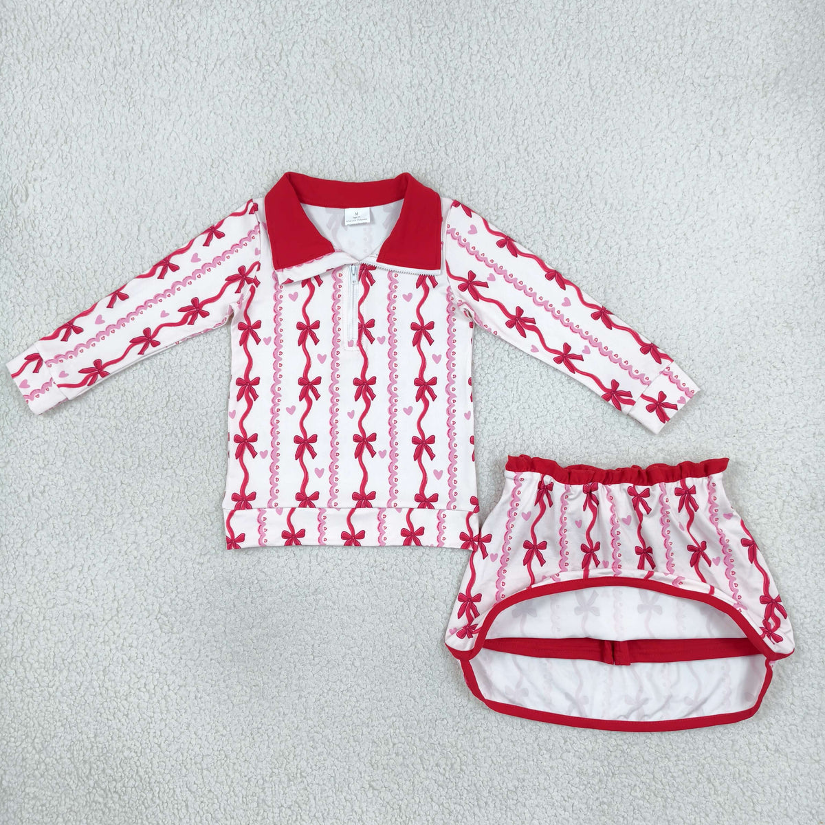 NEW RTS NO MOQ milk silk GLD1751 Baby Girls Bows Hearts Zip Pullover Skirt Short Valentines Clothes Set
