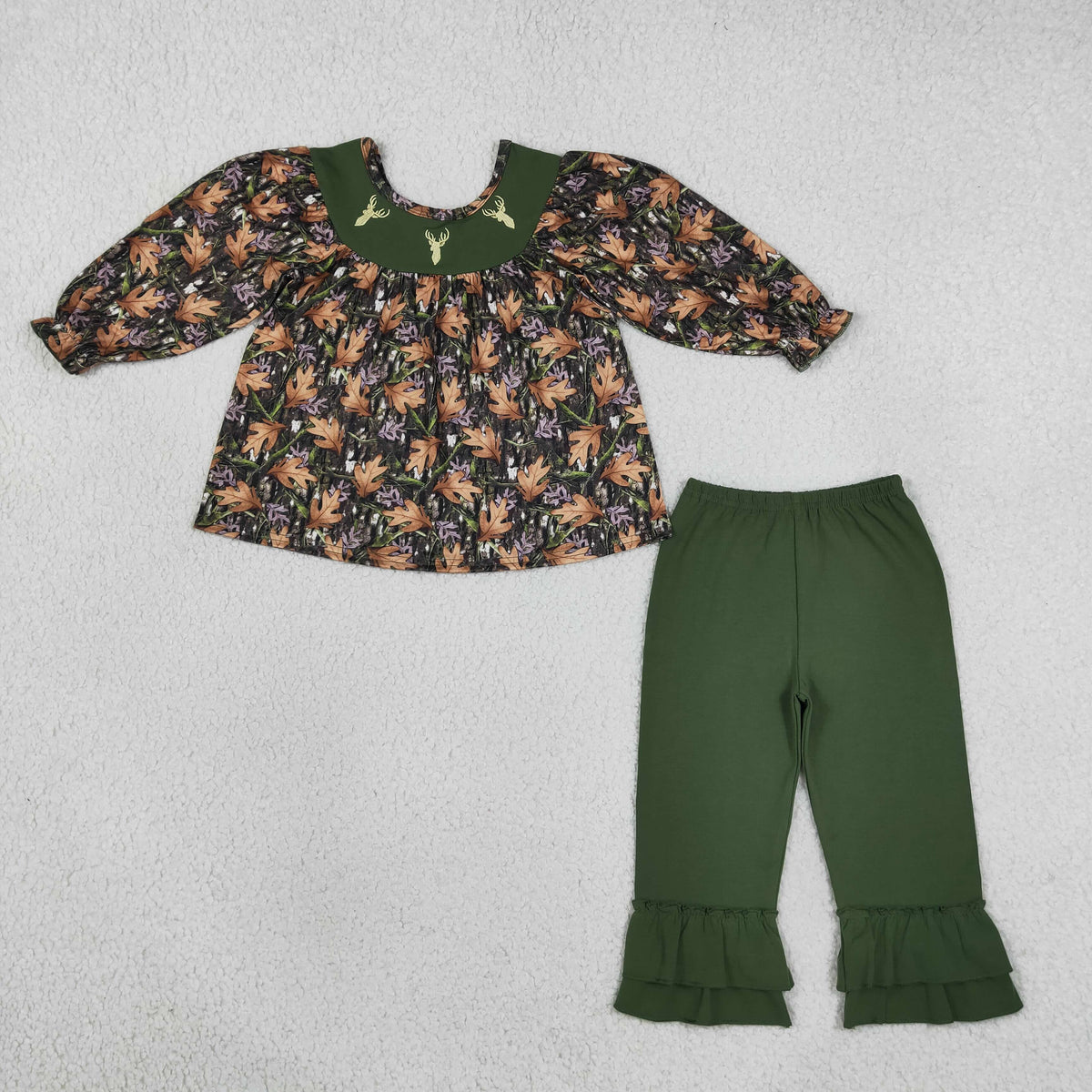 NEW RTS NO MOQ milk silk GLP2908 Embroidery Deer Baby Girls Green Leaves Camo Tunic Ruffle Pants Hunting Clothes Set
