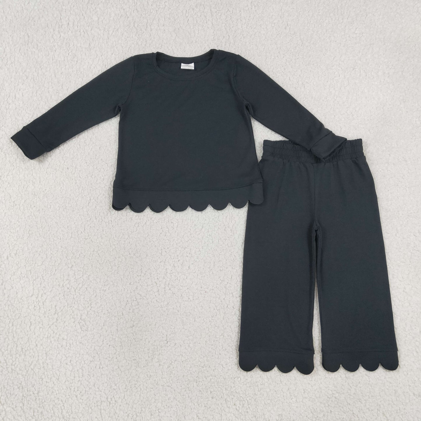 NEW RTS NO MOQ cotton GLP3290 Baby Girls Black Long Sleeve Top Pants Scallop Pajamas Clothes Sets