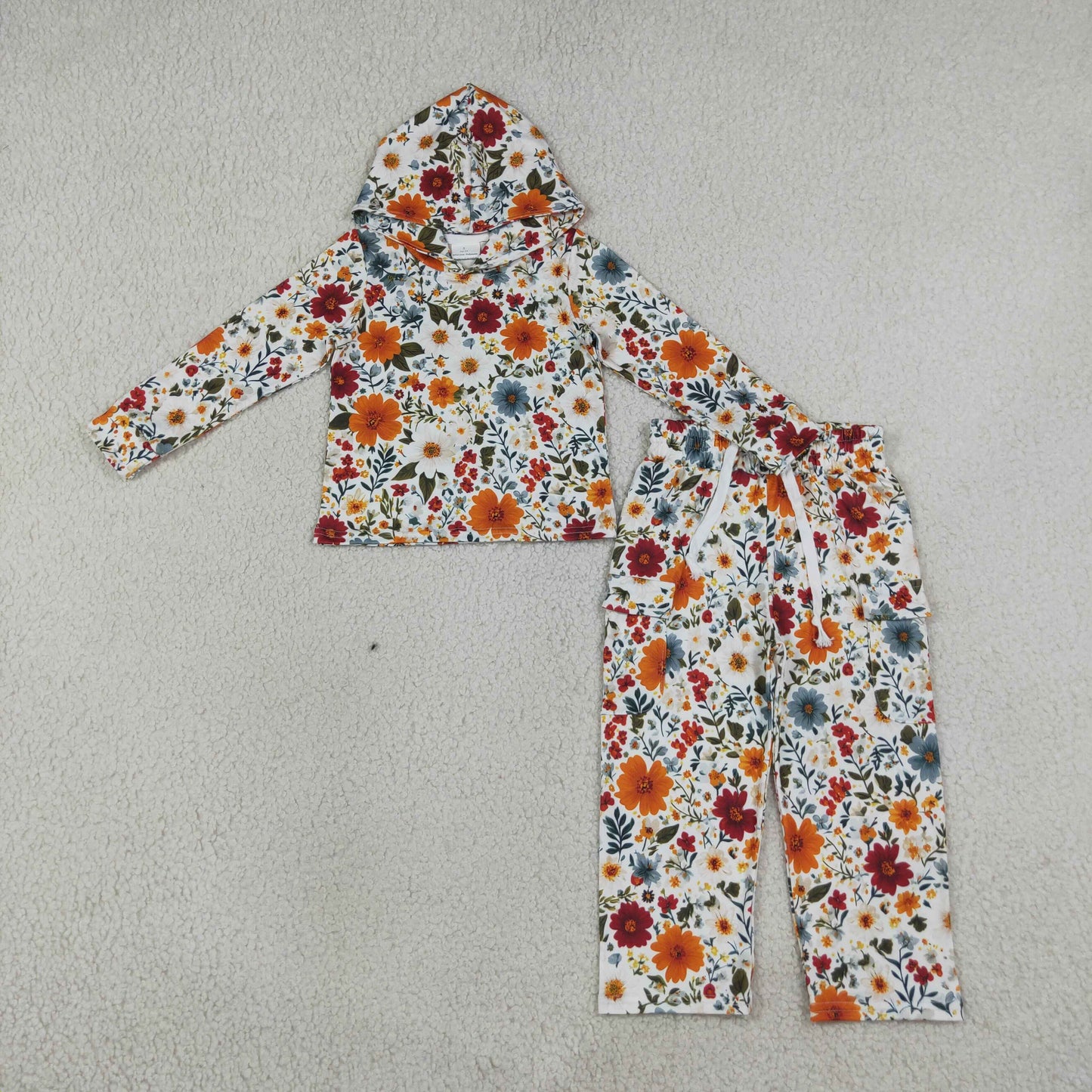 RTS NO MOQ milk silk GLP3321 Baby Girls Colorful Flowers Hoodies Pockets Straight Bottom Pant Clothes Sets