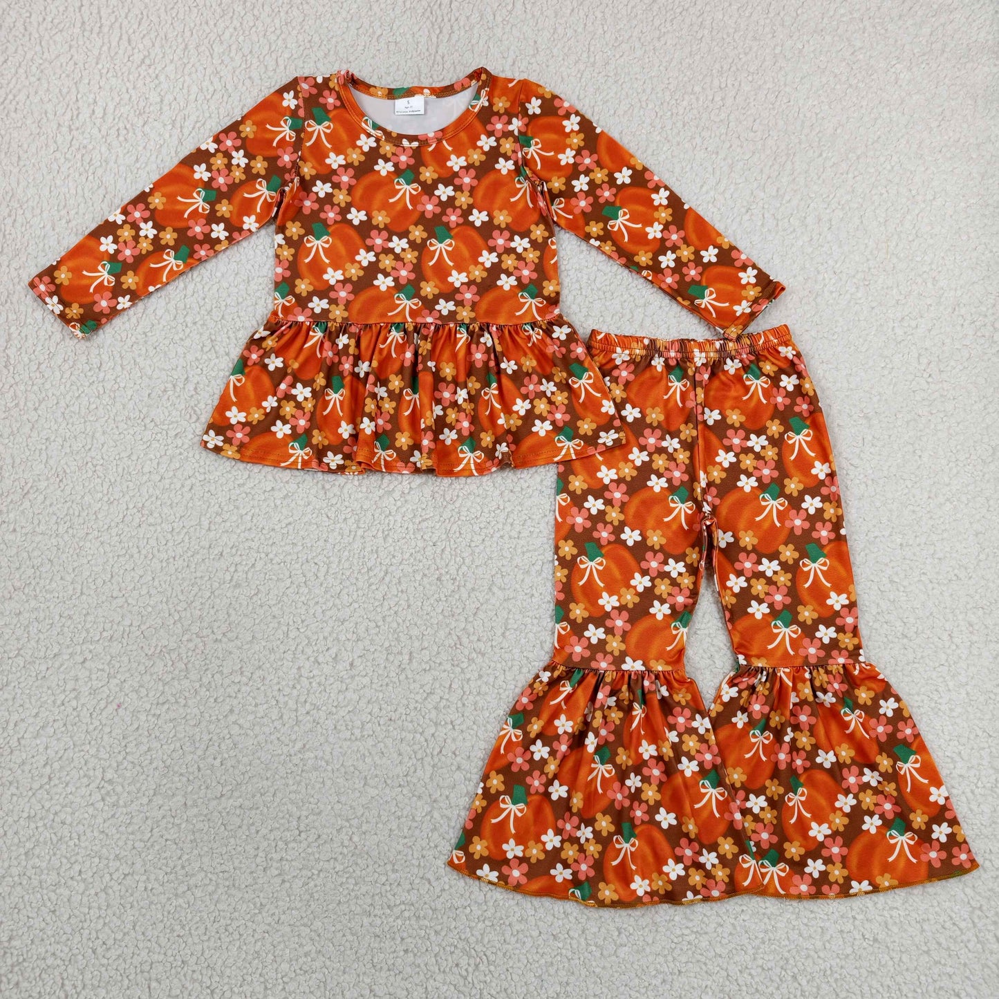 GLP3343 Baby Girls Bows Pumpkins Flowers Tunic Bell Bottom Pant Fall Clothes Sets