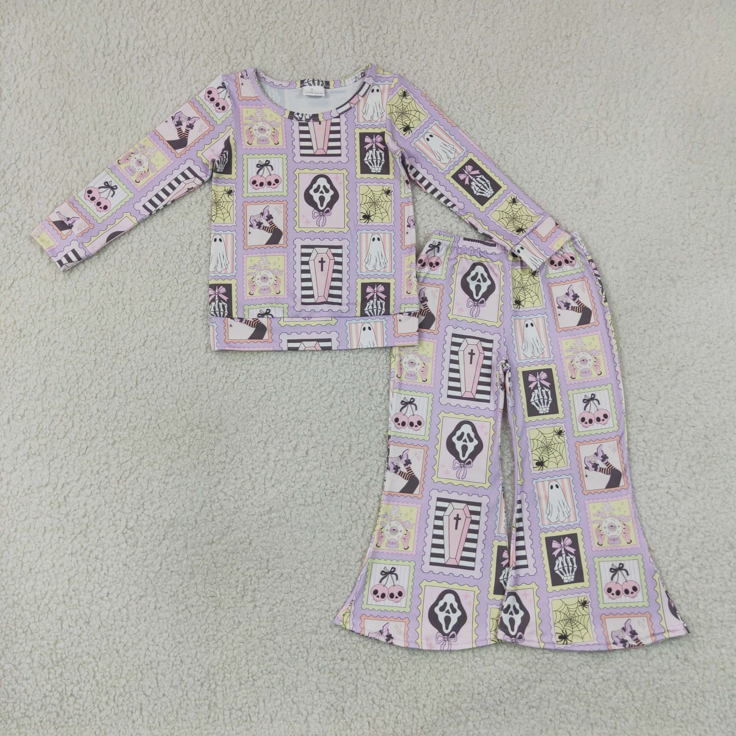 NEW RTS NO MOQ milk silk GLP3402 Baby Girls Spider Ghosts Checked Shirt Flare Pant Halloween Clothes Sets