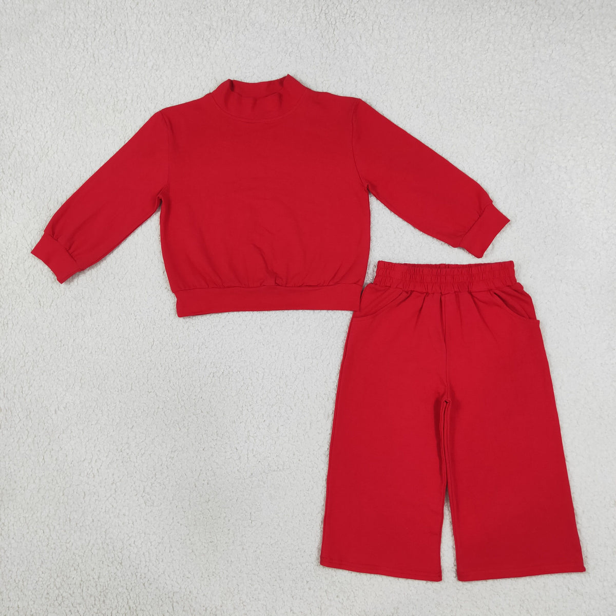 NEW RTS NO MOQ milk silk GLP3412 Baby Girls Red Long Sleeve Choker Top Pockets Flare Pant Fall Pajamas Clothes Sets
