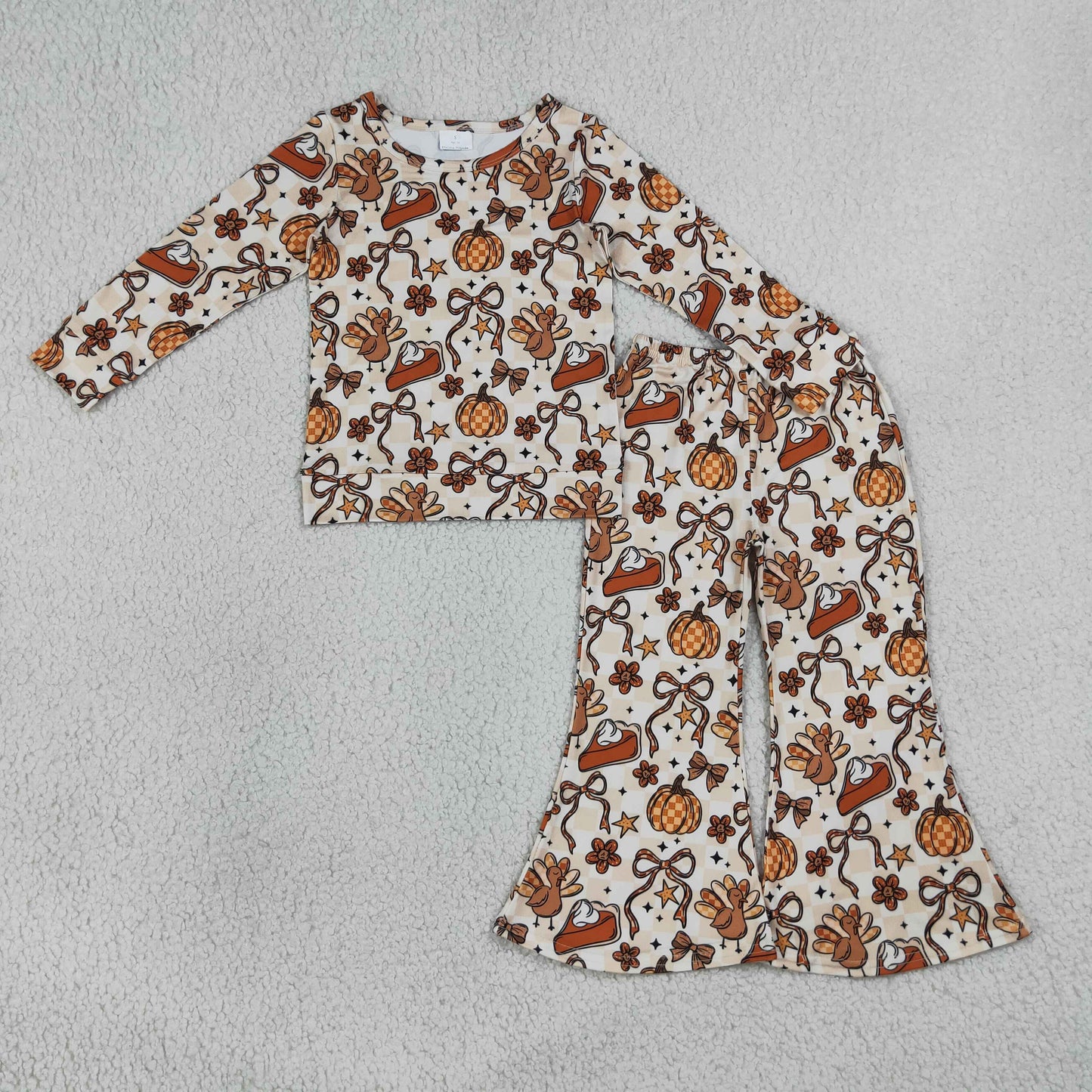 NEW RTS NO MOQ milk silk GLP3420 Baby Girls Turkey Pumpkin Long Sleeve Top Flare Bell Pants Outfit
