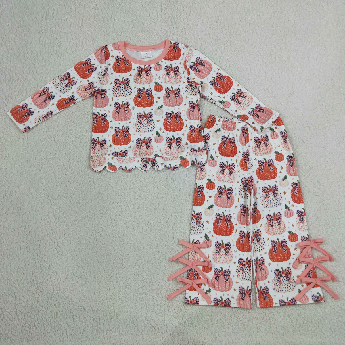 NEW RTS NO MOQ milk silk GLP3435 Baby Girls Leopard Bows Pumpkins Scallop Top Bows Pants Fall Clothes Set