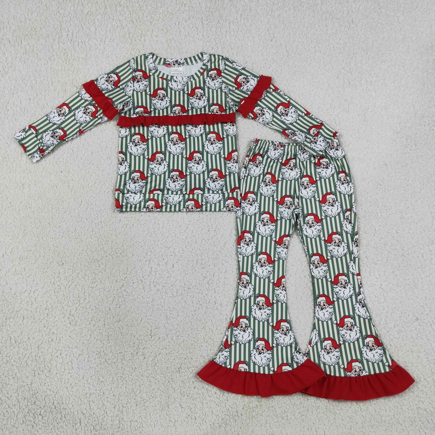 NEW RTS NO MOQ milk silk GLP3452 Baby Girls Santa Green Stripe Print Long Sleeve Top Bell Bottom Flare Pants Christmas Set