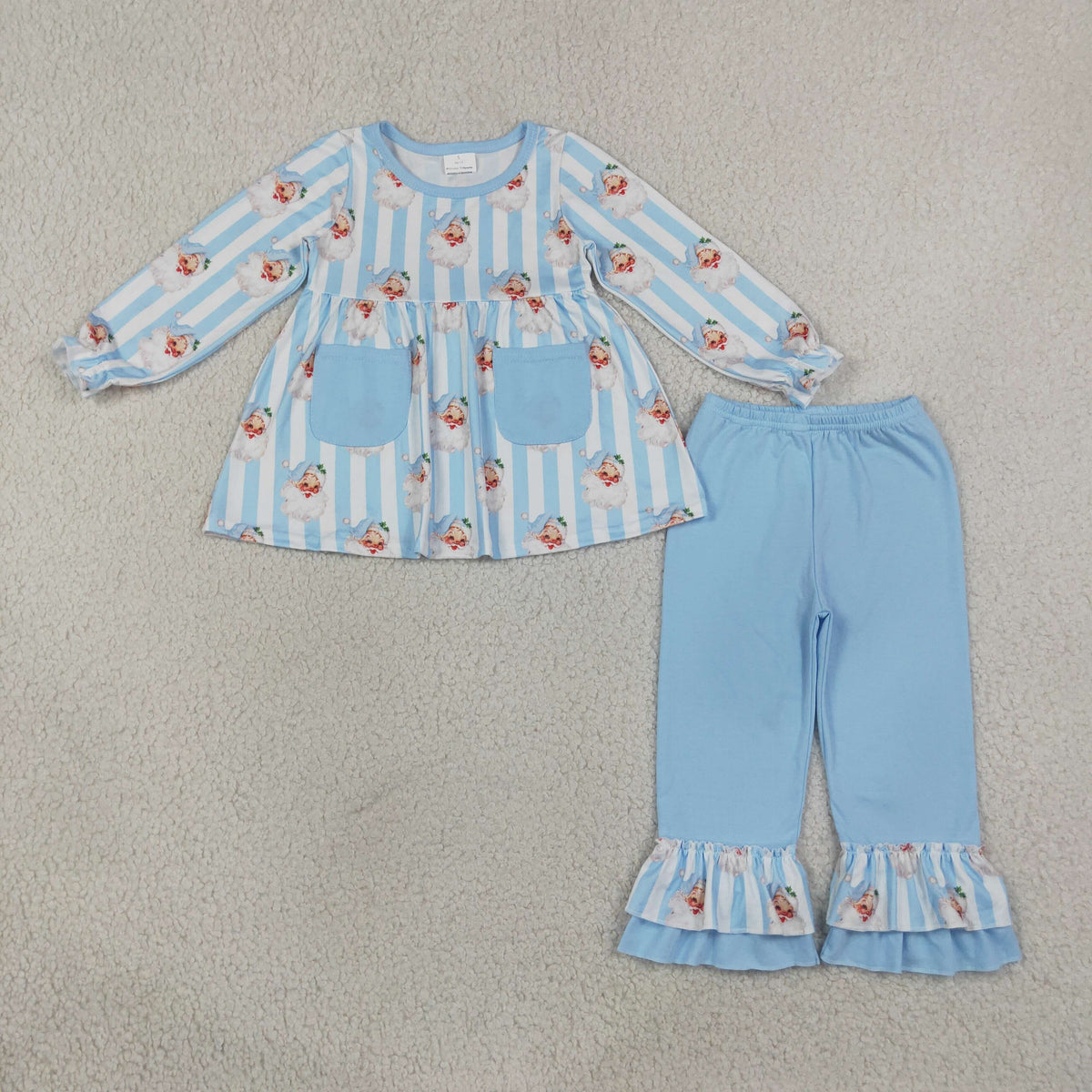 RTS NO MOQ milk silk GLP3455 Baby Girls Blue Stripe Santa Pockets Tunic Ruffle Pant Christmas Clothes Set