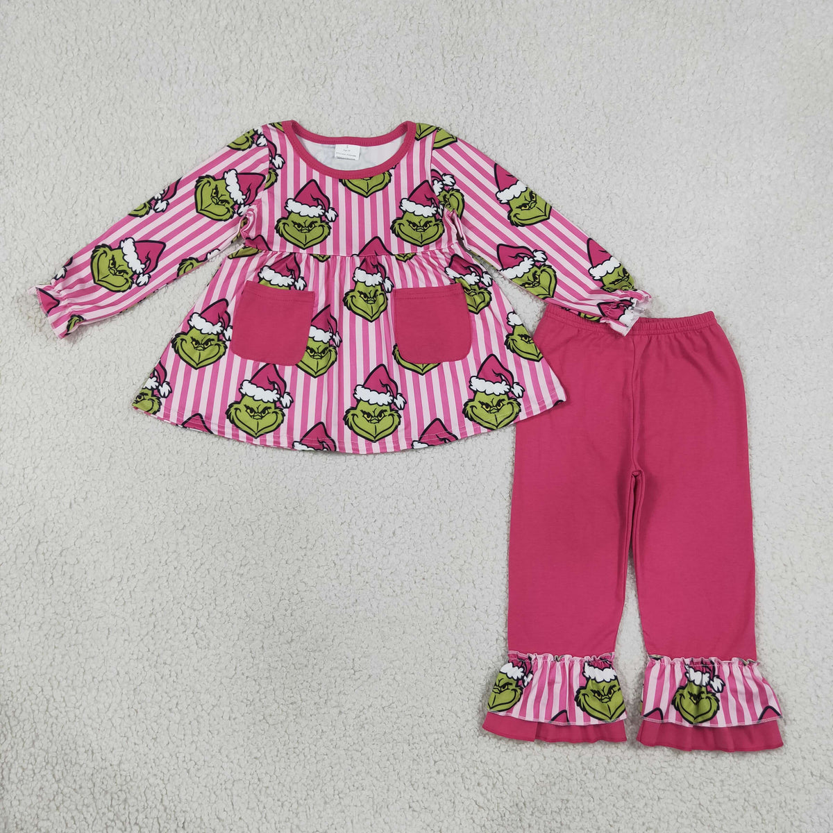 RTS NO MOQ milk silk GLP3458 Baby Girls Blue Stripe Santa Pockets Tunic Ruffle Pant Christmas Clothes Set