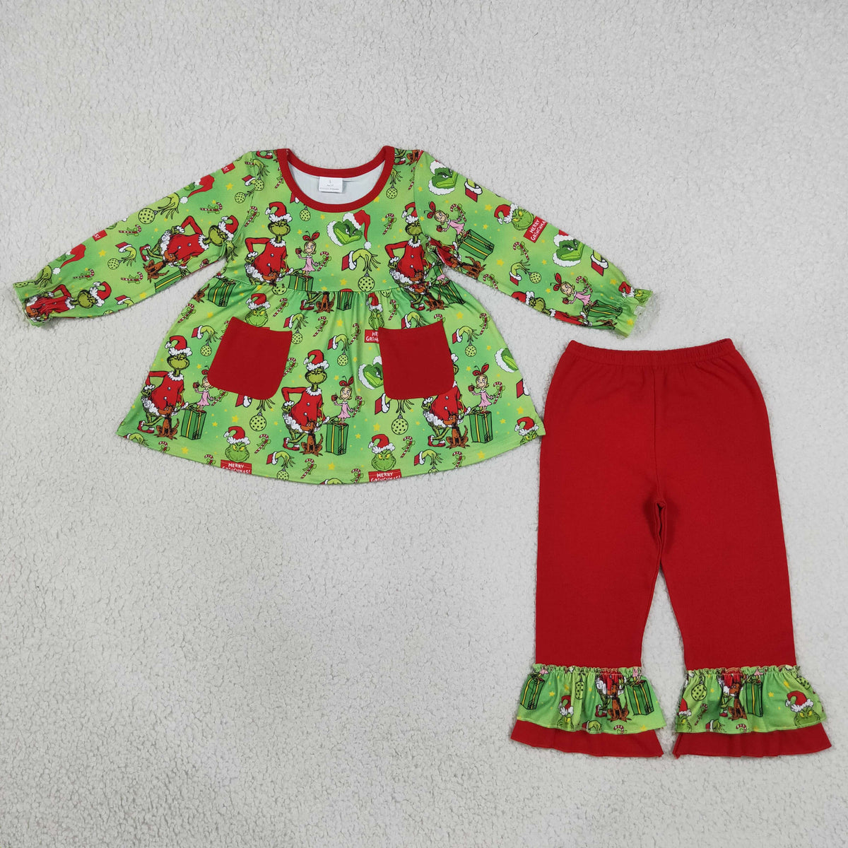 NEW RTS NO MOQ milk silk GLP3459 Baby Girls Green Frogs Gifts Pockets Tunic Ruffle Pant Christmas Clothes Set