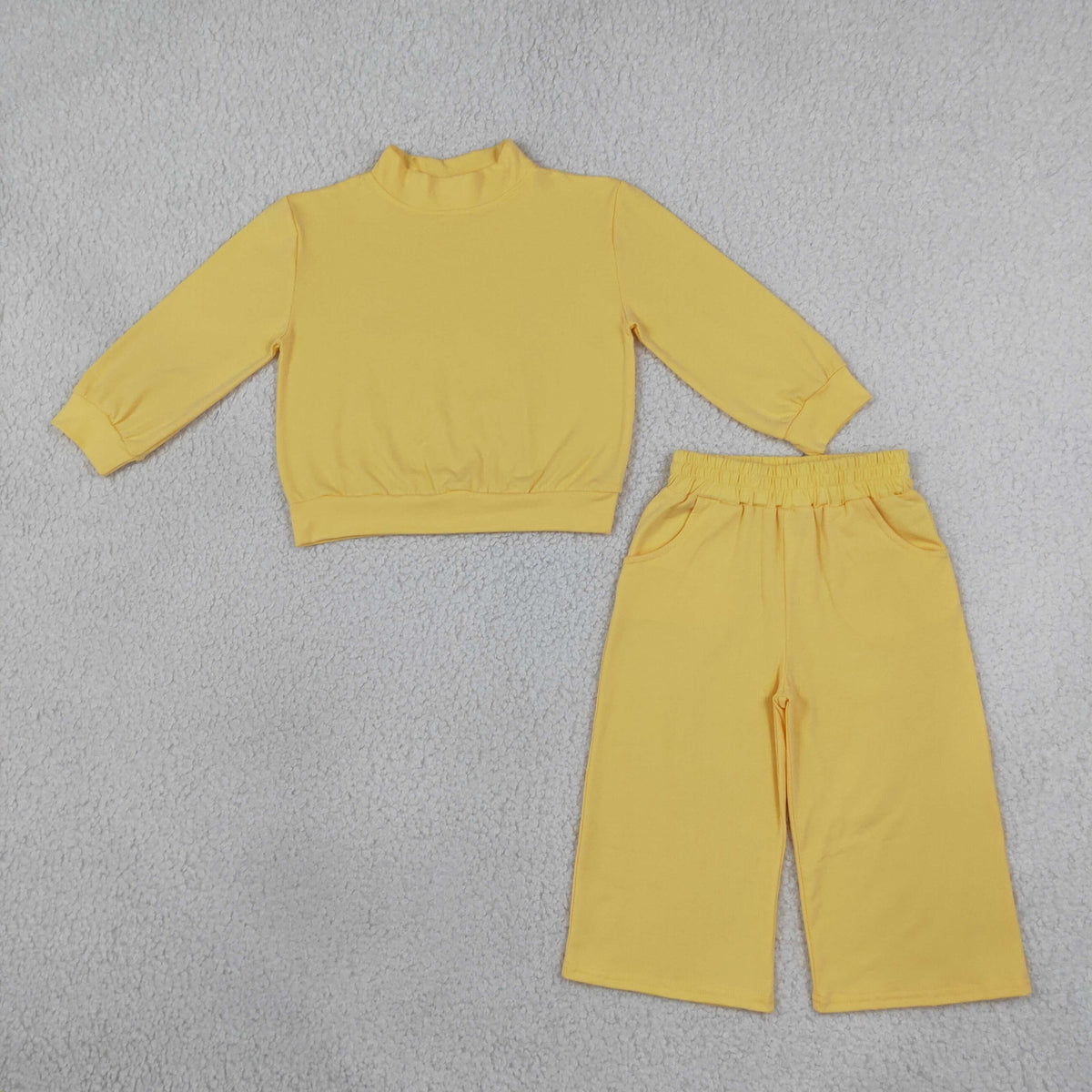 NEW RTS NO MOQ milk silk GLP3473 Baby Girls Yellow Long Sleeve Shirt Top Pockets Flare Pant Clothes Set