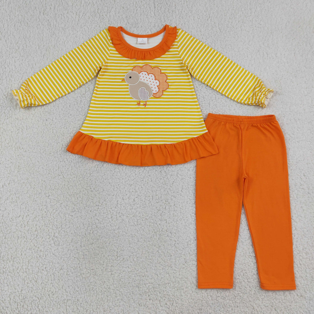 RTS NO MOQ Sibling milk silk Baby Girls Embroidery Turkey Top Pant Thanksgivings Stripe Clothes Set Rompers