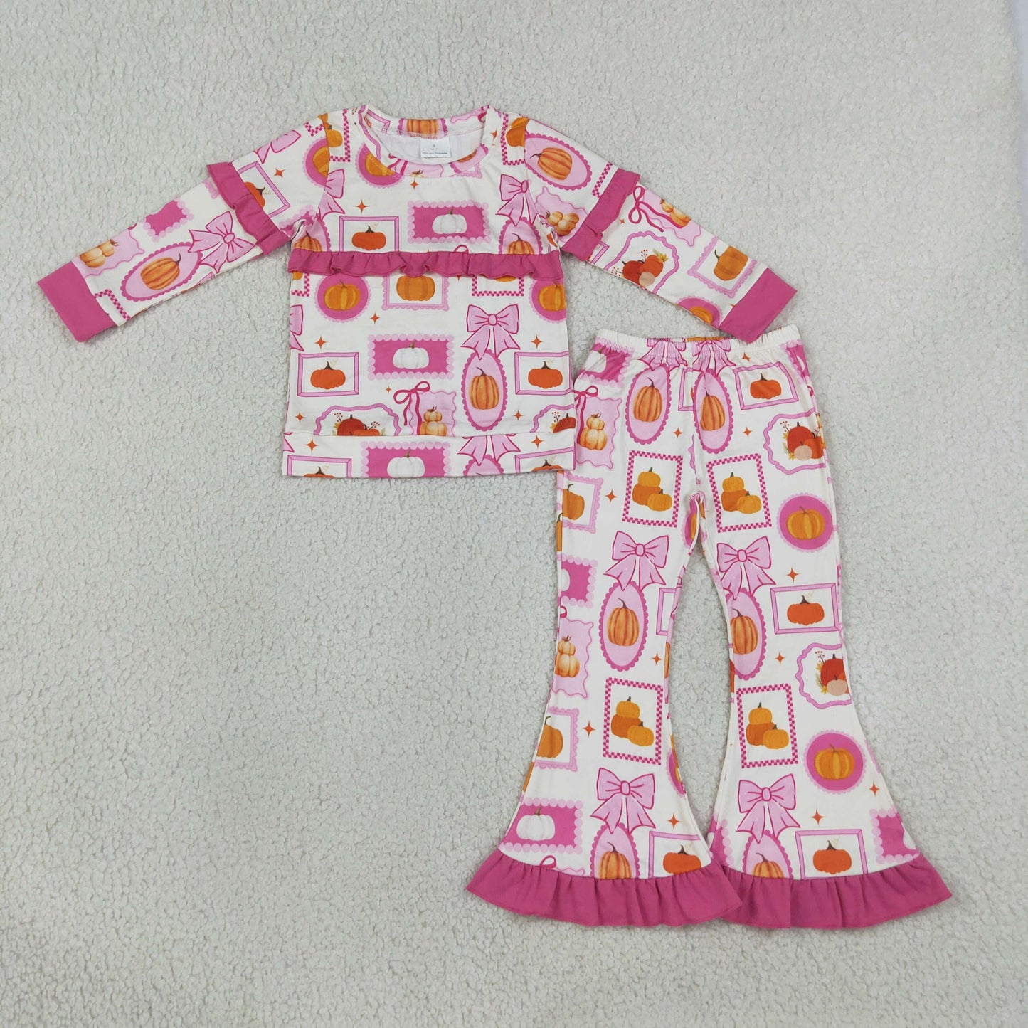 NEW RTS NO MOQ milk silk GLP3504 Baby Girls Bows Pumpkins Checked Top Flare Pant Fall Clothes Sets
