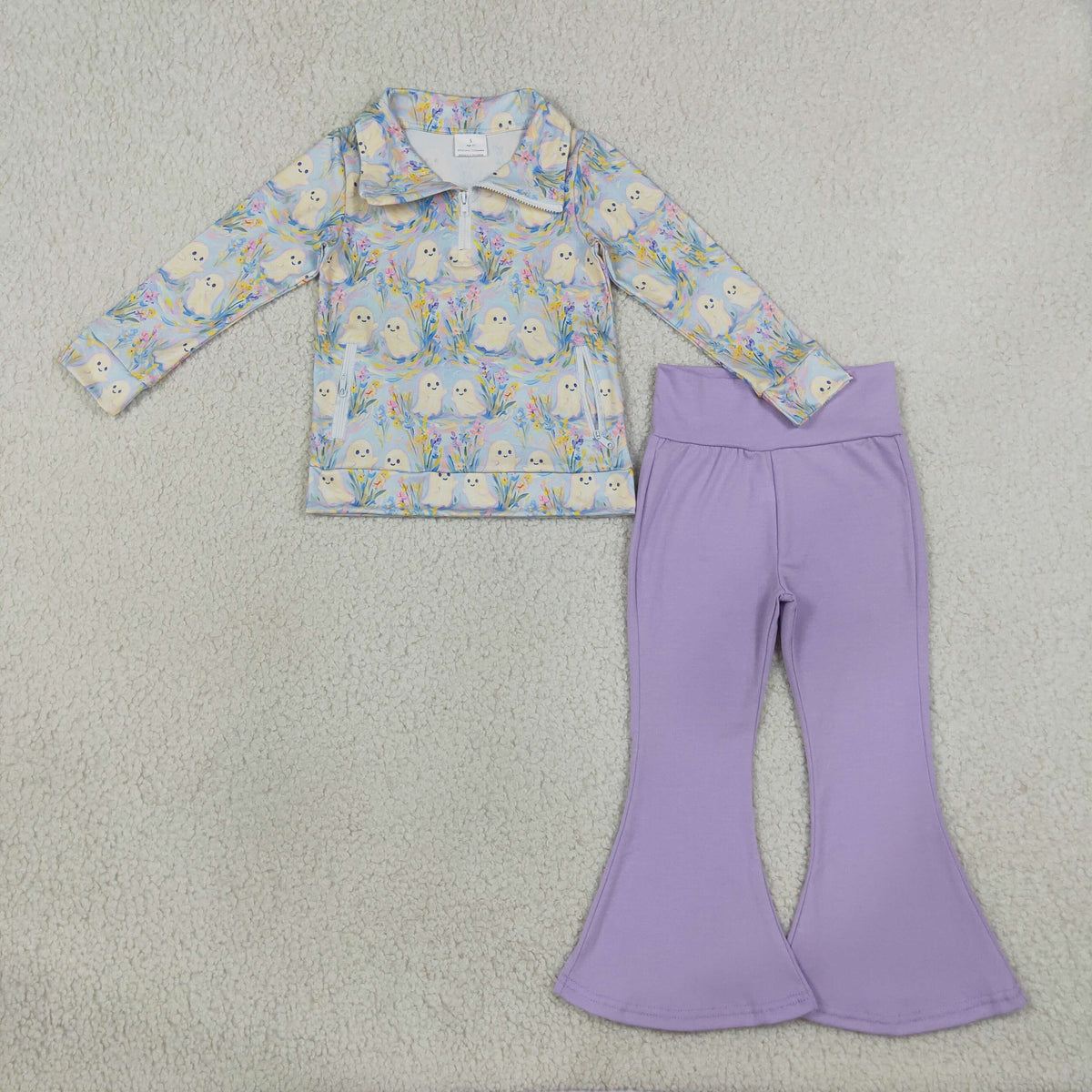 NEW RTS NO MOQ milk silk GLP3506 Baby Girls Ghosts Zip Pockets Pullovers Flare Pant Halloween Clothes Set