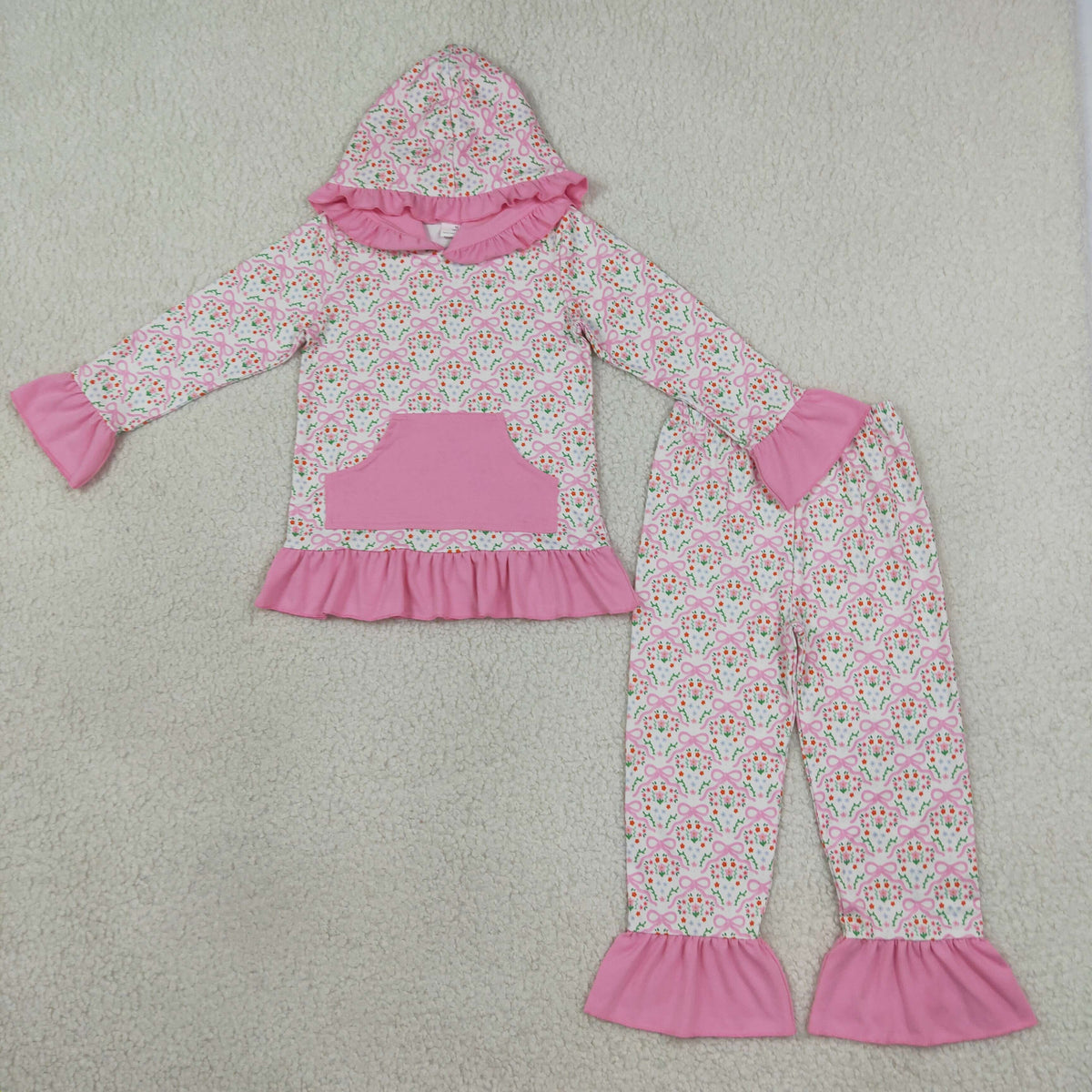 NEW RTS NO MOQ milk silk GLP3520 Baby Girls Pink Small Flowers Bows Pocket Ruffle Hoodie Pants Clothes Sets
