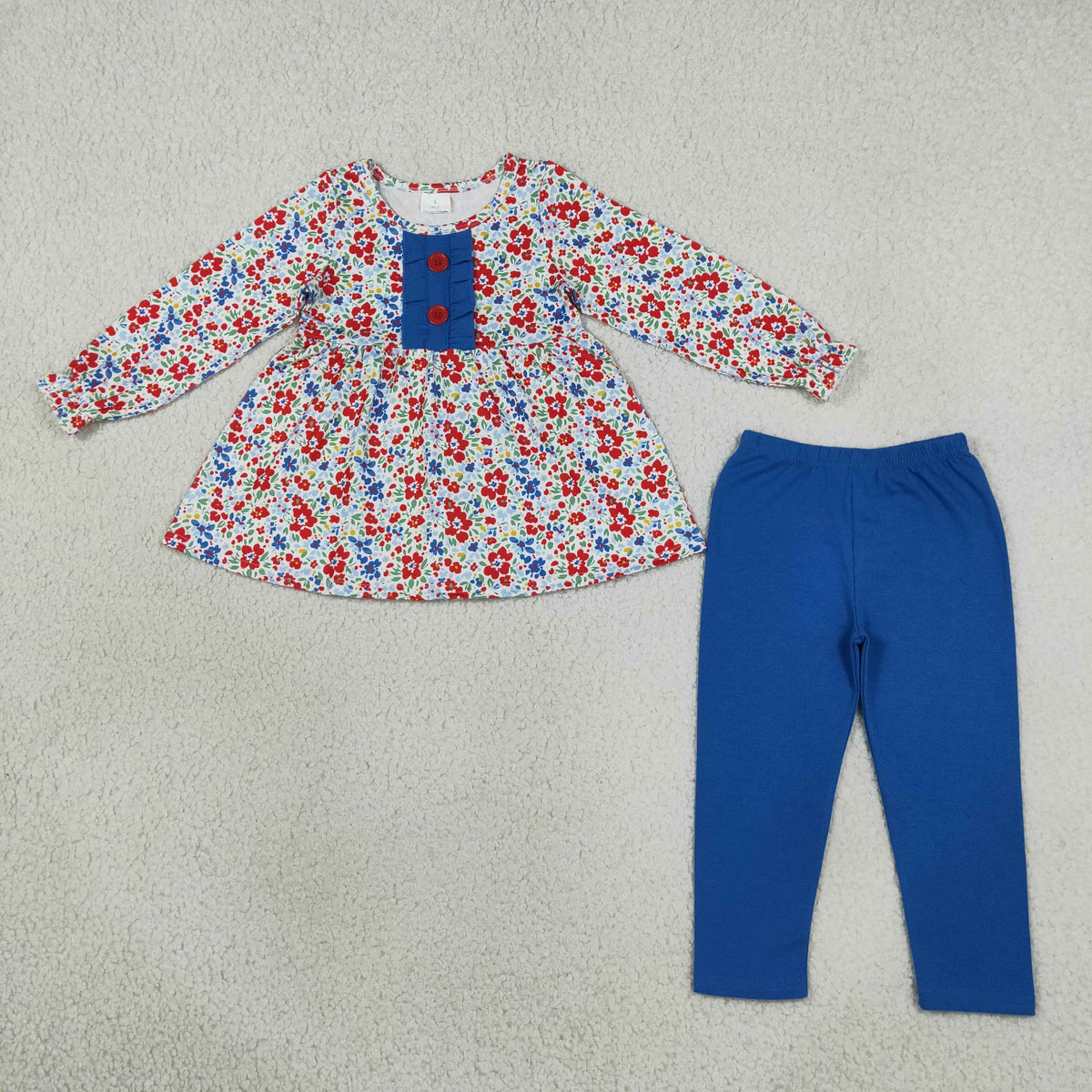 NEW RTS NO MOQ milk silk GLP3522 Baby Girls Red Blue Flowers Button Tunic Leggings Fall Clothes Sets