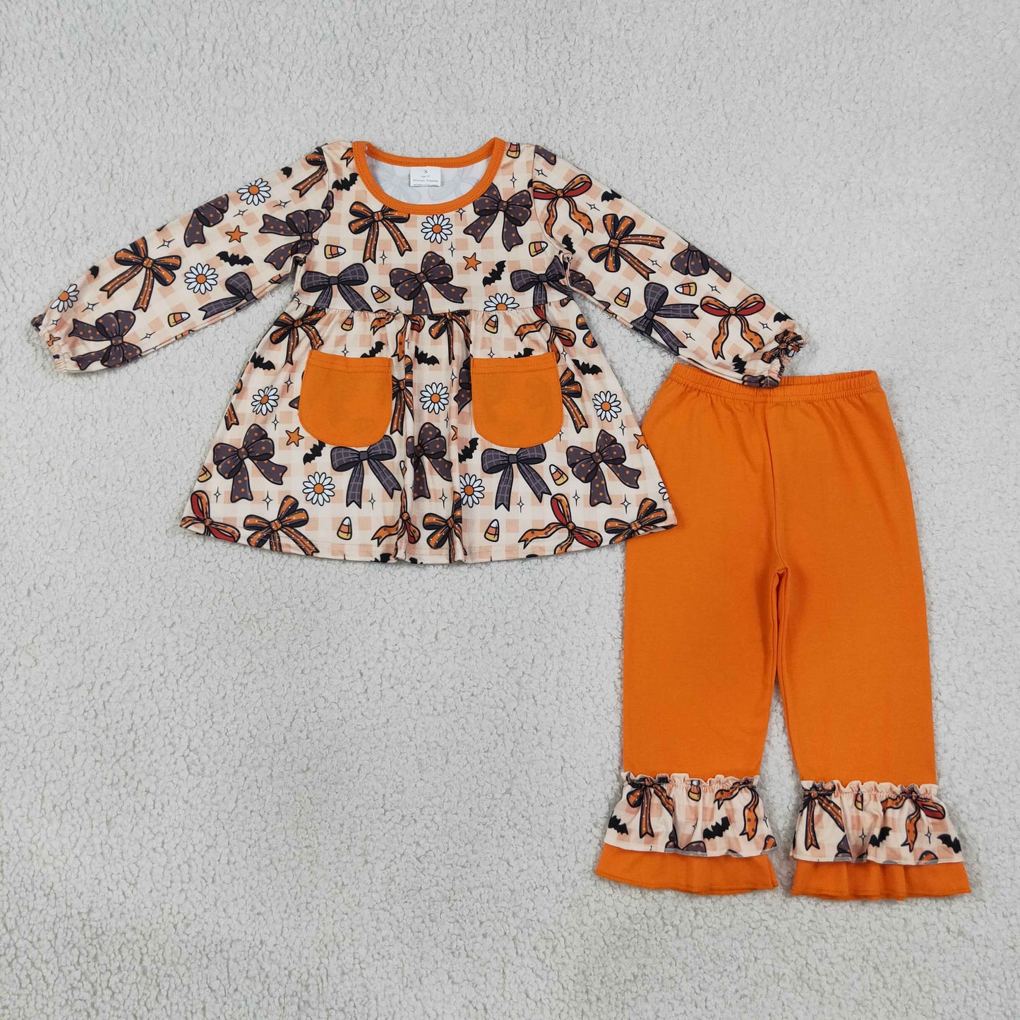 NEW RTS NO MOQ milk silk GLP3534 Baby Girls Bats Flowers Pockets Tunic Ruffle Pant Halloweens Clothes Sets